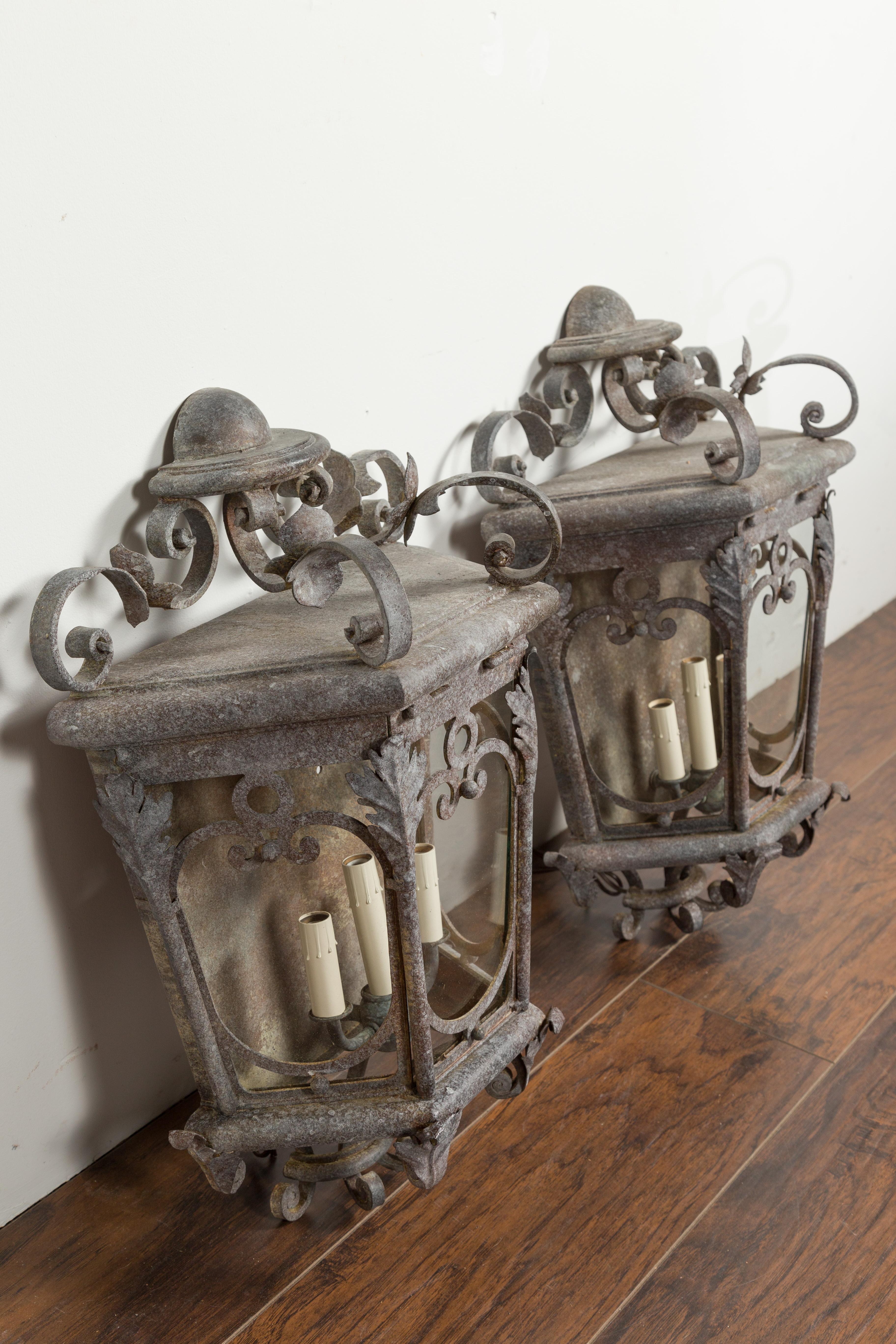 Pair of French 1920s Iron Three-Light Lanterns with Scrolling Motifs and Foliage For Sale 4