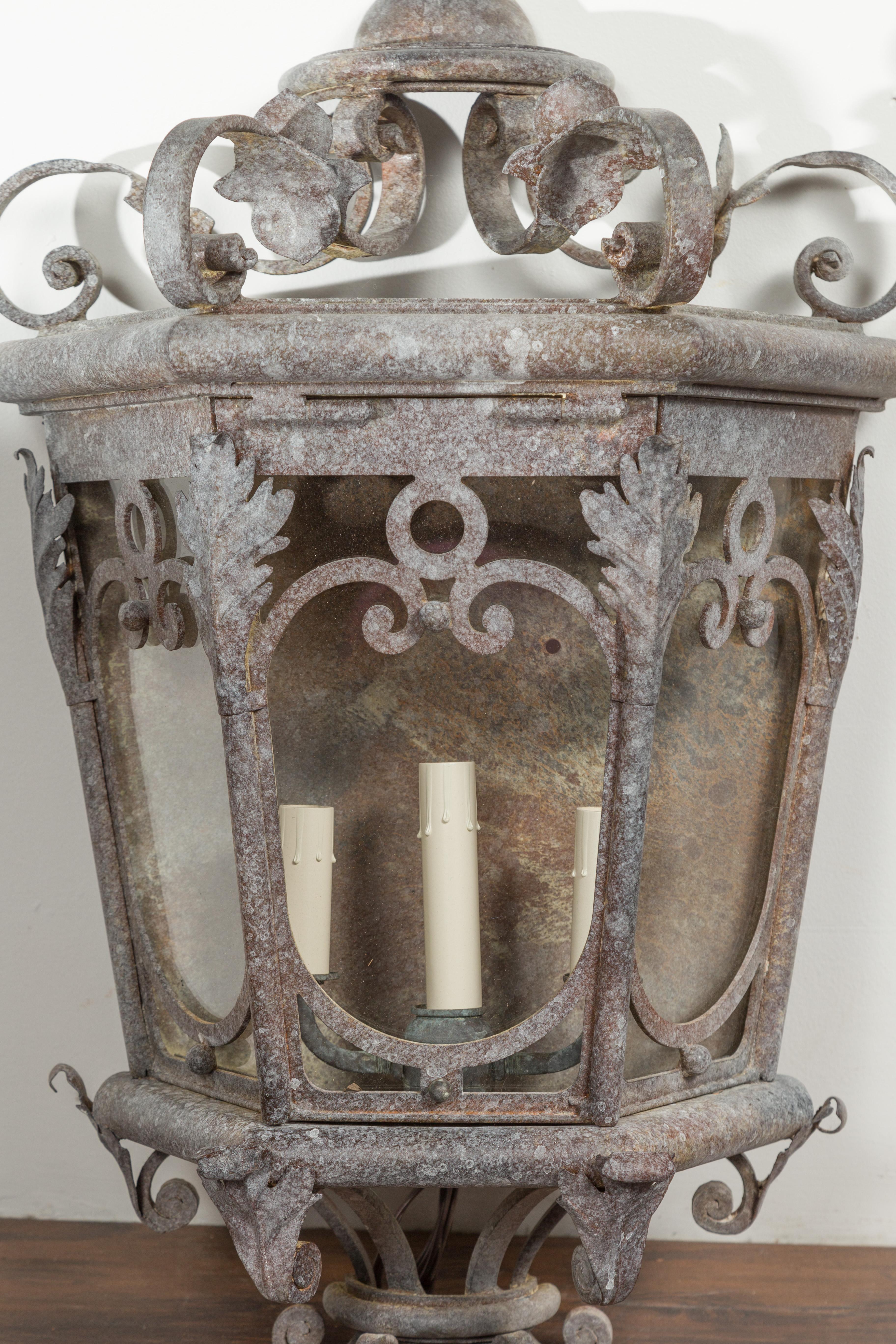 Pair of French 1920s Iron Three-Light Lanterns with Scrolling Motifs and Foliage For Sale 2