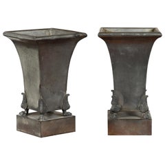 Pair of French 1920s Metal Copper Lined Planters with Empire Style Winged Paws