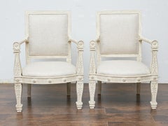 Pair of French 1920s Painted Armchairs with Carved Details and Linen Upholstery