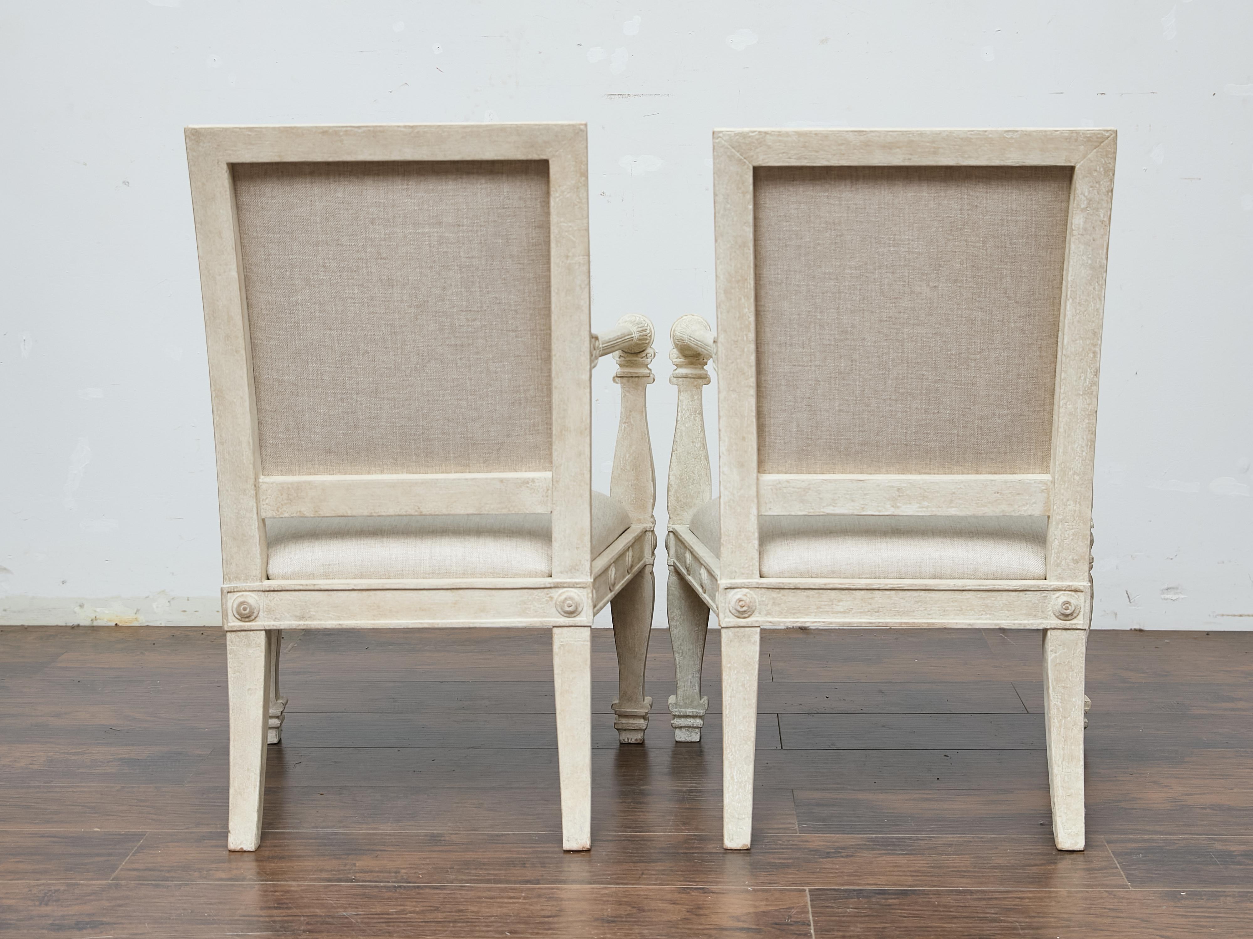 Pair of French 1920s Painted Armchairs with Carved Details and Linen Upholstery For Sale 2