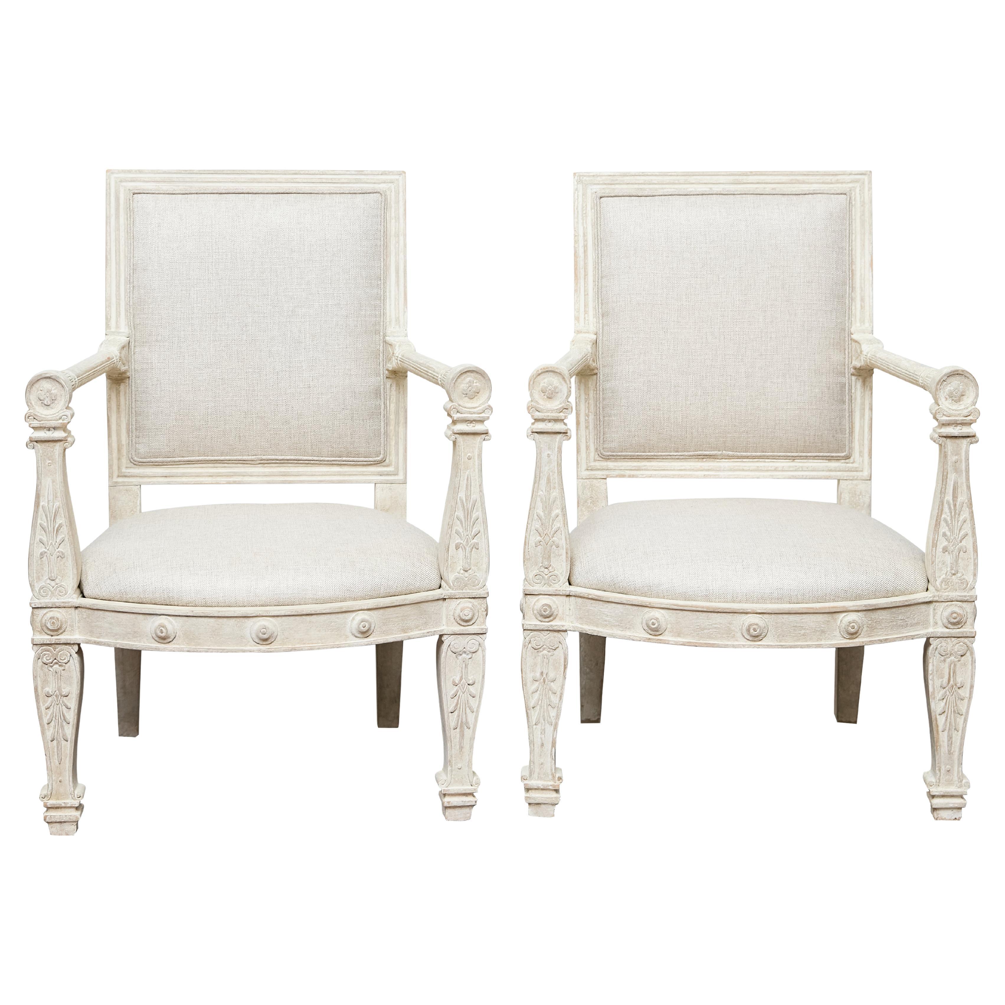 Pair of French 1920s Painted Armchairs with Carved Details and Linen Upholstery For Sale