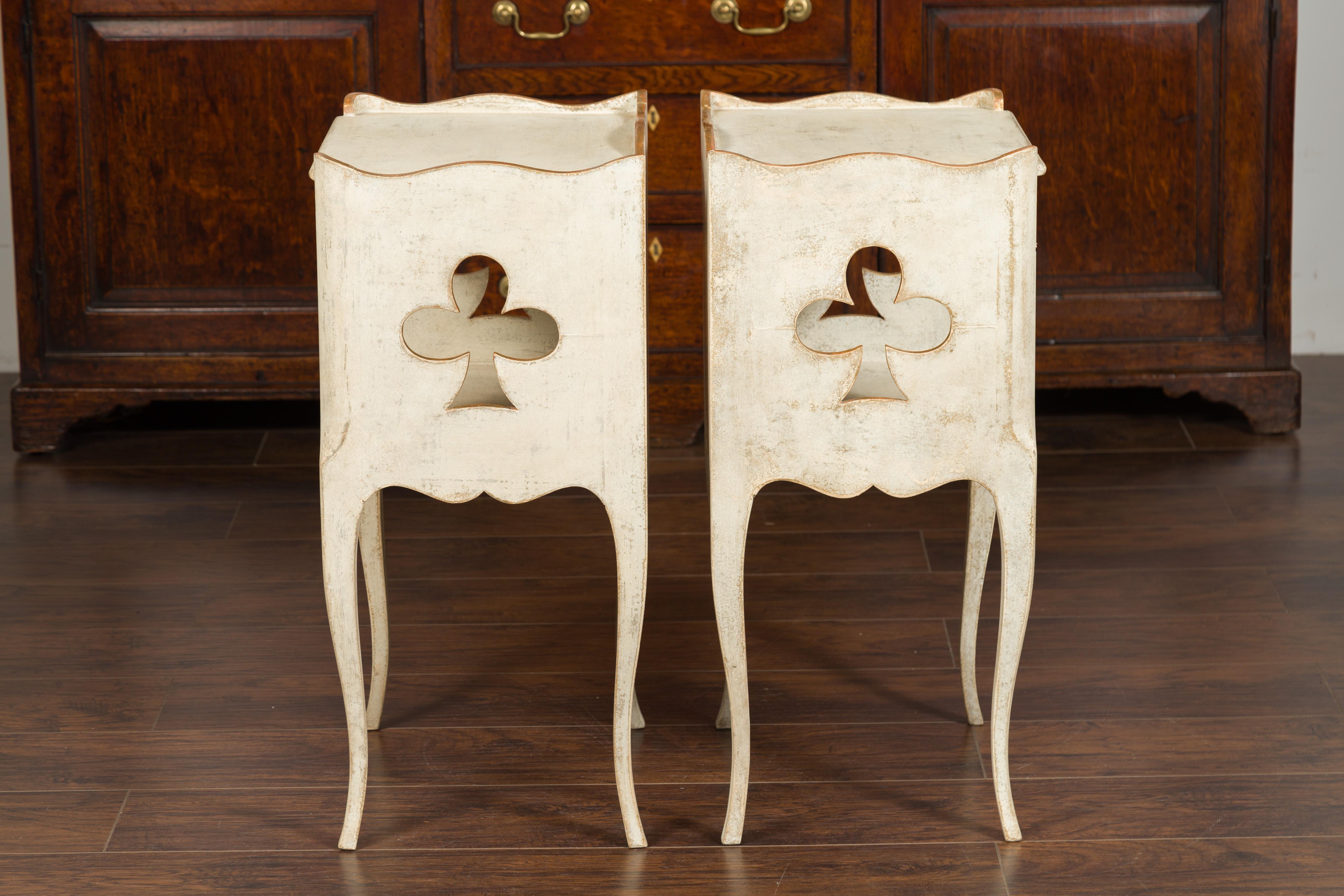 Pair of French 1920s Painted Bedside Tables with Gilt Highlights and Club Motifs 7