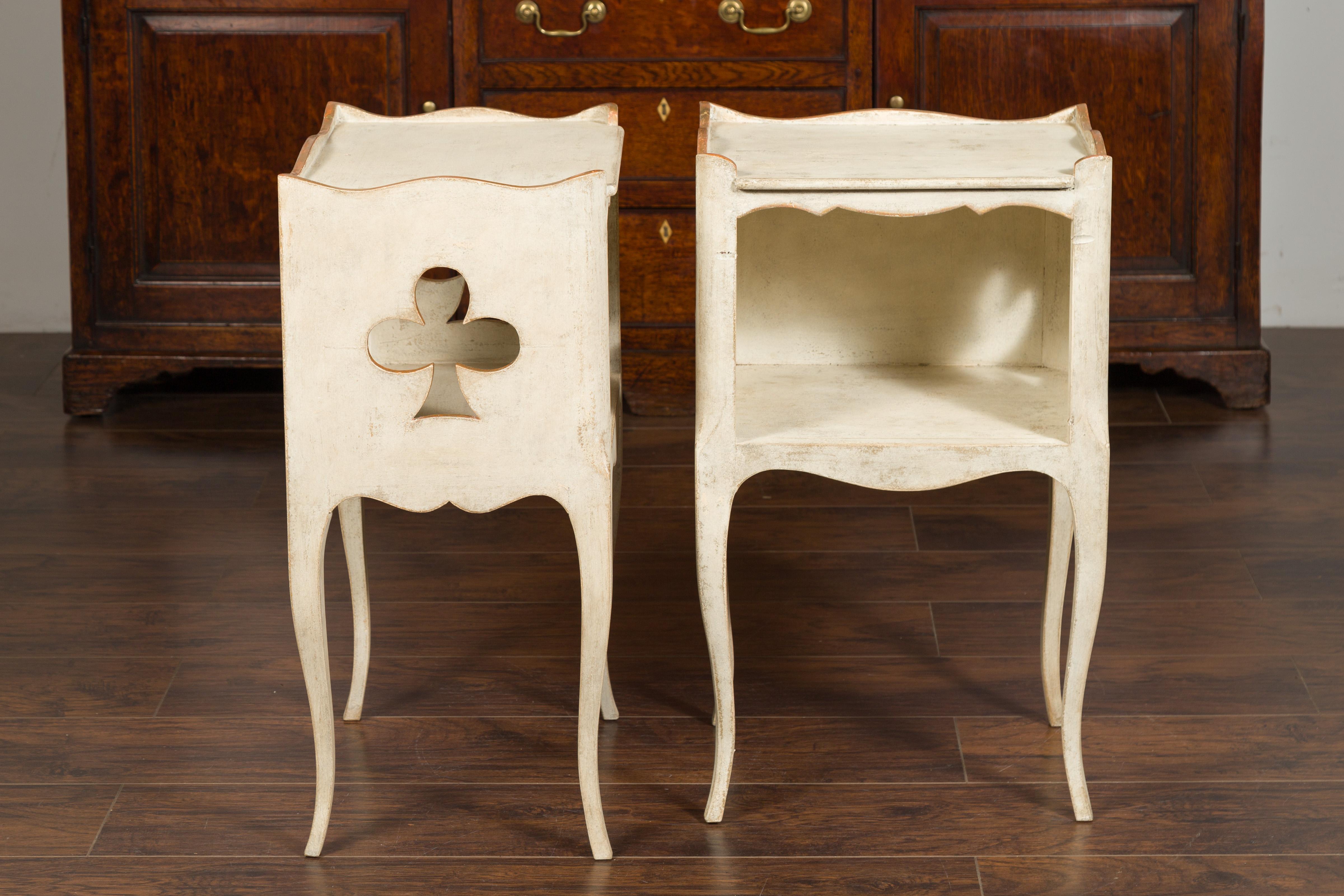 Wood Pair of French 1920s Painted Bedside Tables with Gilt Highlights and Club Motifs