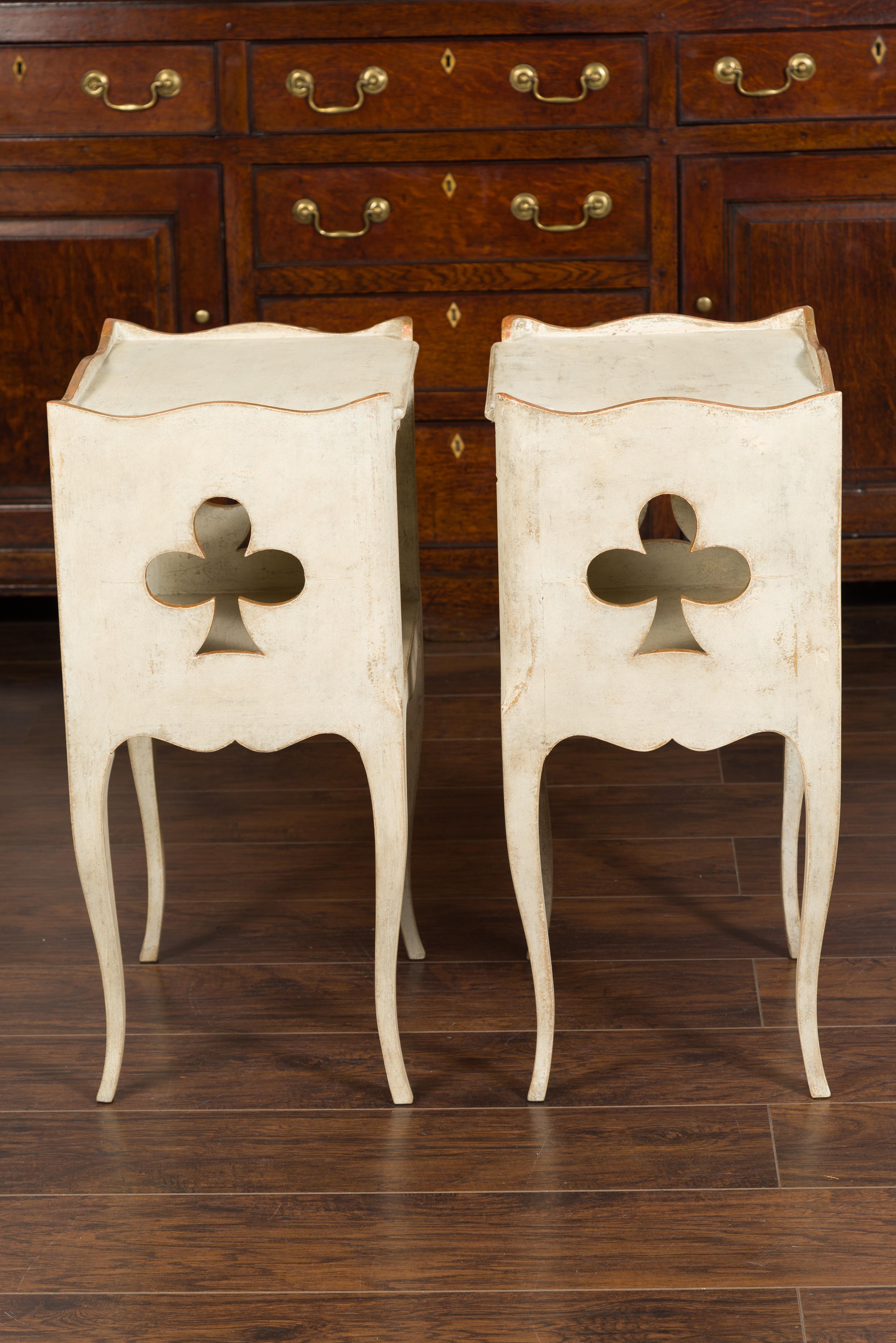 Pair of French 1920s Painted Bedside Tables with Gilt Highlights and Club Motifs 1