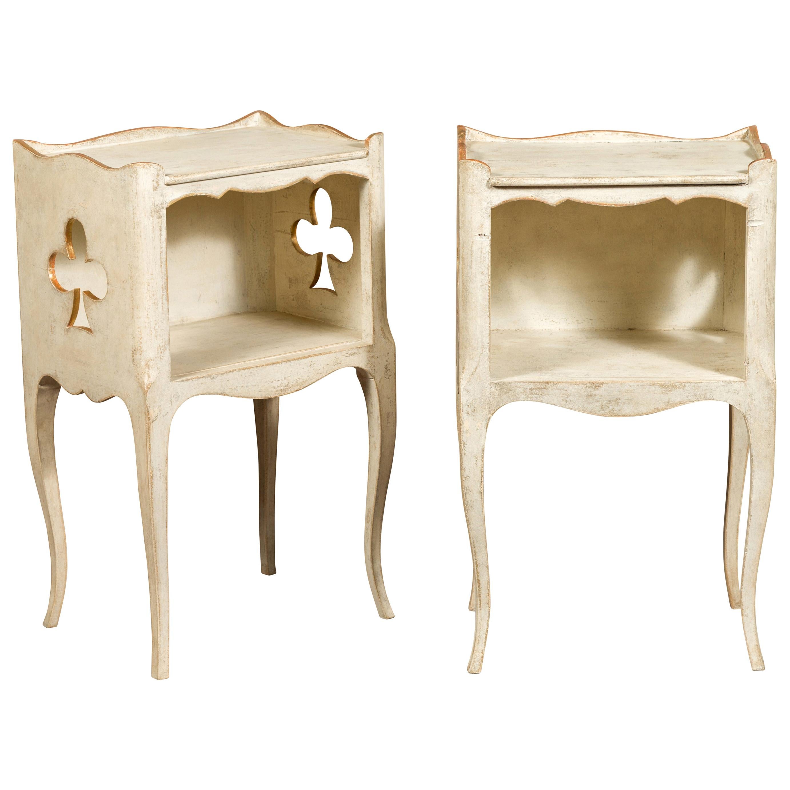 Pair of French 1920s Painted Bedside Tables with Gilt Highlights and