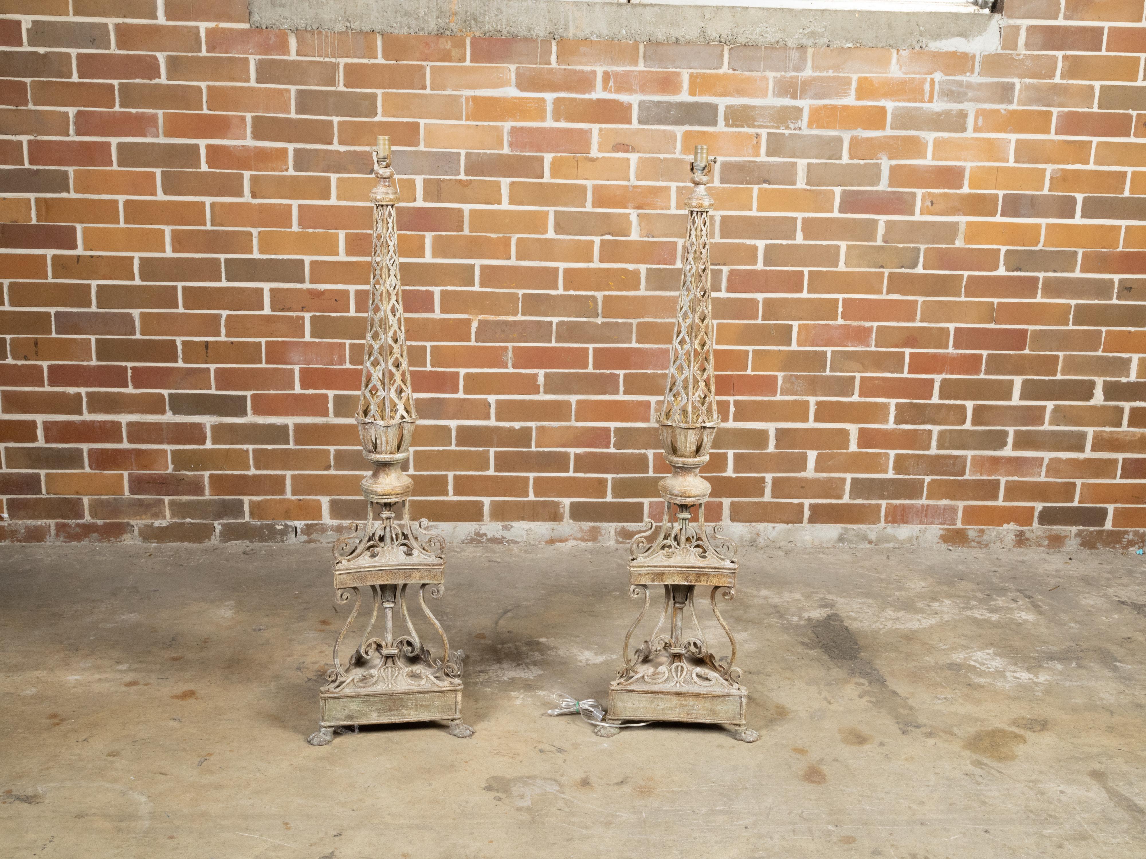 Pair of French 1920s Painted Iron Floor Lamps with Trellis and S-Scrolls, Wired In Good Condition In Atlanta, GA
