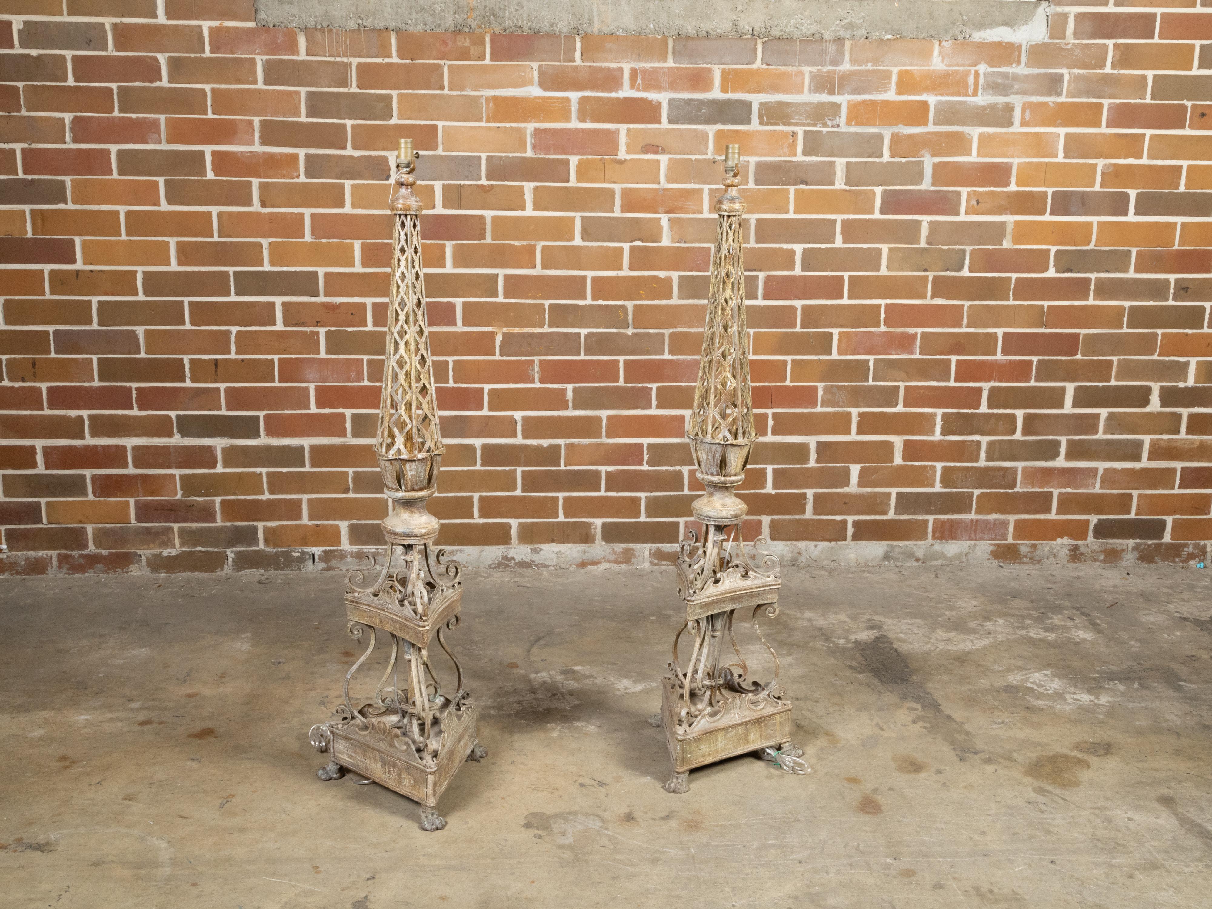 Pair of French 1920s Painted Iron Floor Lamps with Trellis and S-Scrolls, Wired 1