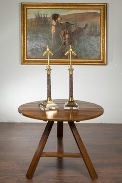 Pair of French 1920s Rosso Levanto Marble Table Lamps with Corinthian Capitals