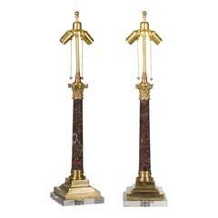 Pair of French 1920s Rosso Levanto Marble Table Lamps with Corinthian Capitals