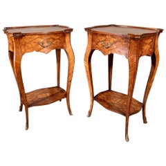 Pair of French 1920s Walnut and Marquetry Lamp Tables with Brass Mounts