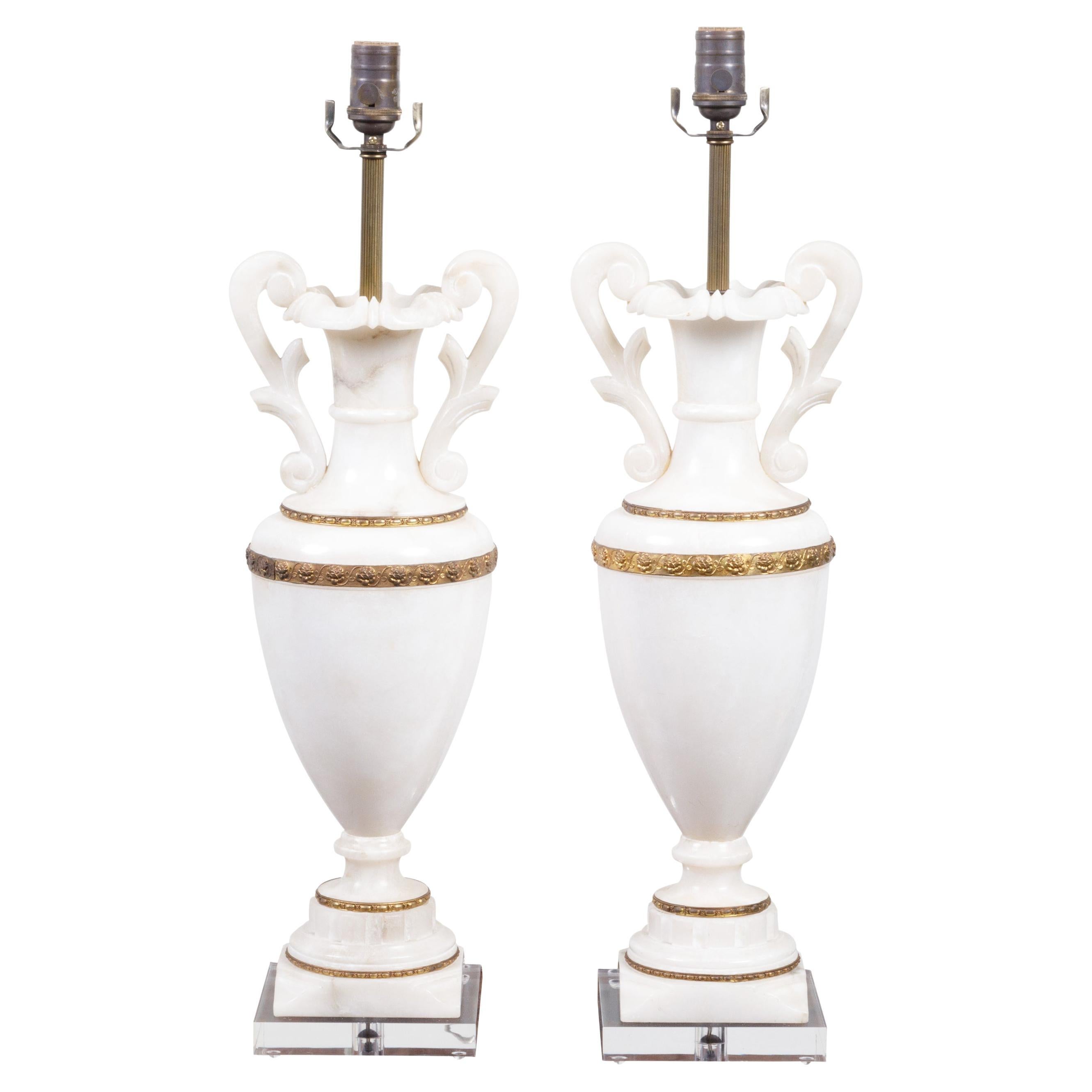 Pair of French 1920s White Marble Vase Shaped Table Lamps Mounted on Lucite For Sale