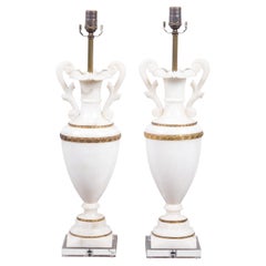 Pair of French 1920s White Marble Vase Shaped Table Lamps Mounted on Lucite