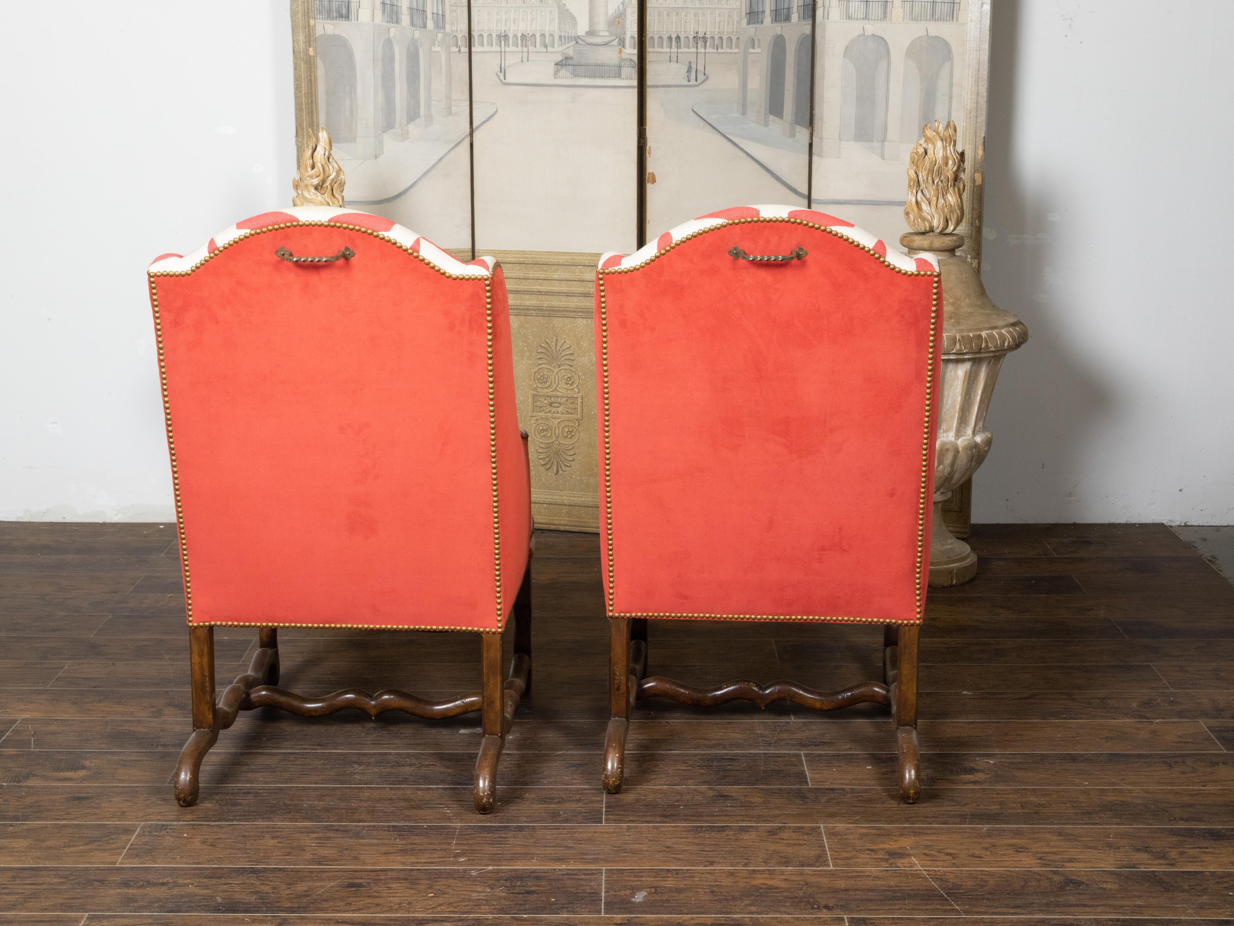 20th Century Pair of French 1920s Wingback Chairs with Os De Mouton Bases and Upholstery For Sale