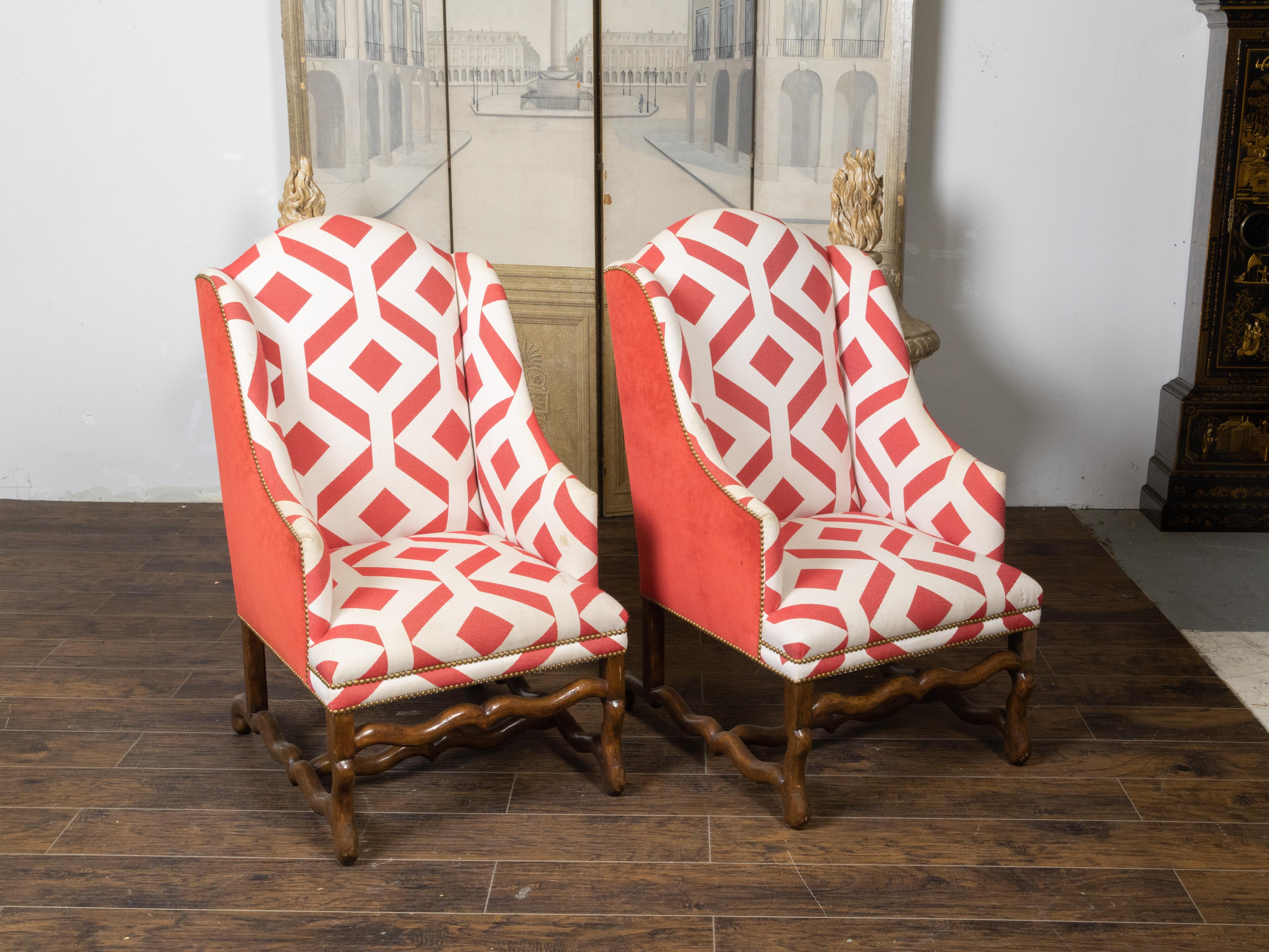 Pair of French 1920s Wingback Chairs with Os De Mouton Bases and Upholstery For Sale 2