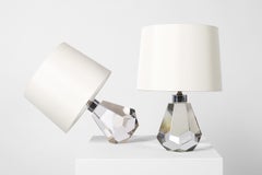Pair of French 1930s Art Deco Faceted Crystal Glass Jewel Table Lamps