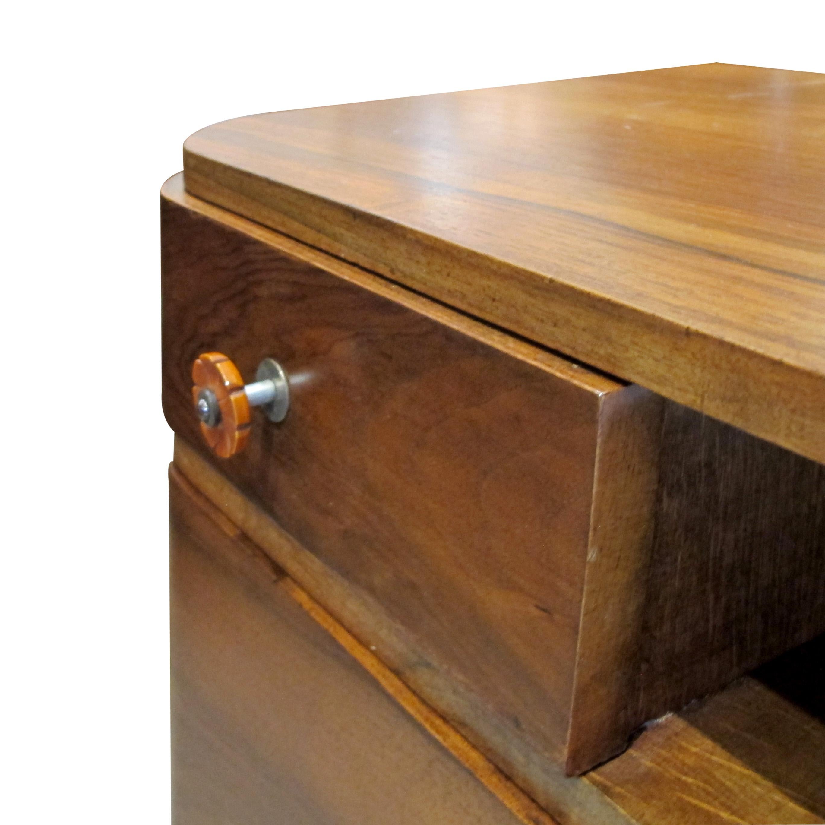 Pair of French 1930s Art Deco Walnut Bedside Tables-Nightstands Bakelite Handles 2