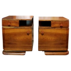 Pair of French 1930s Art Deco Walnut Bedside Tables-Nightstands Bakelite Handles