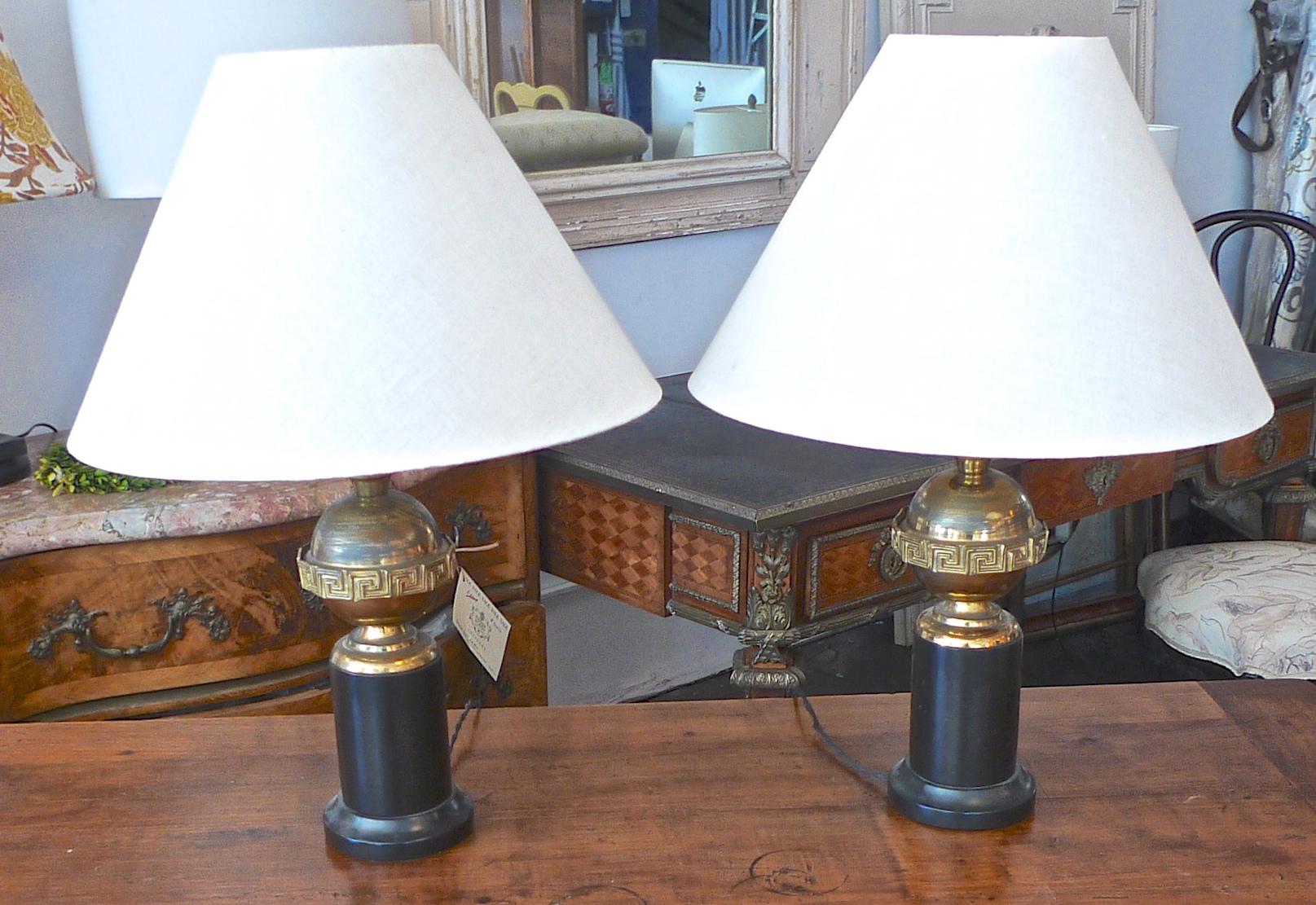 Pair of French 1930s Brass and Black Table Lamps Including Linen Shades 7