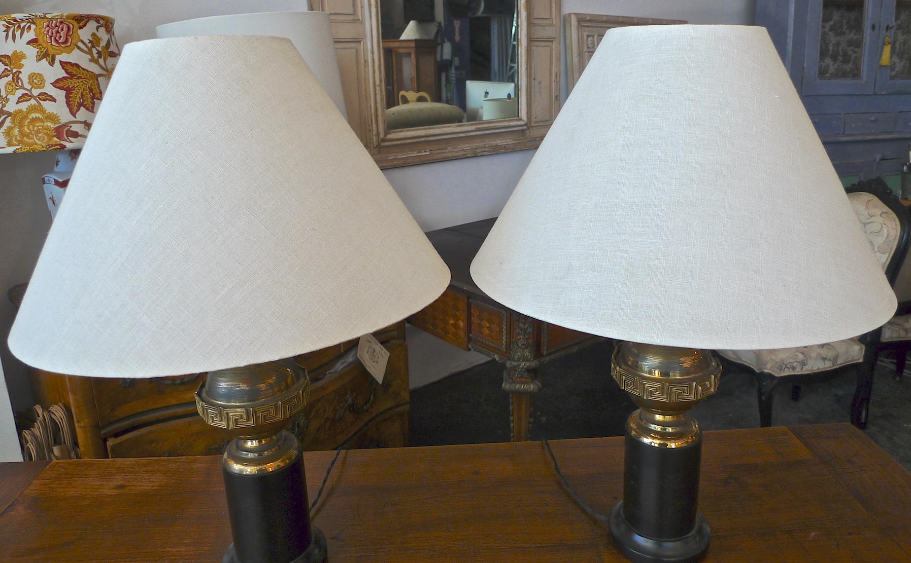 Pair of French 1930s Brass and Black Table Lamps Including Linen Shades 8