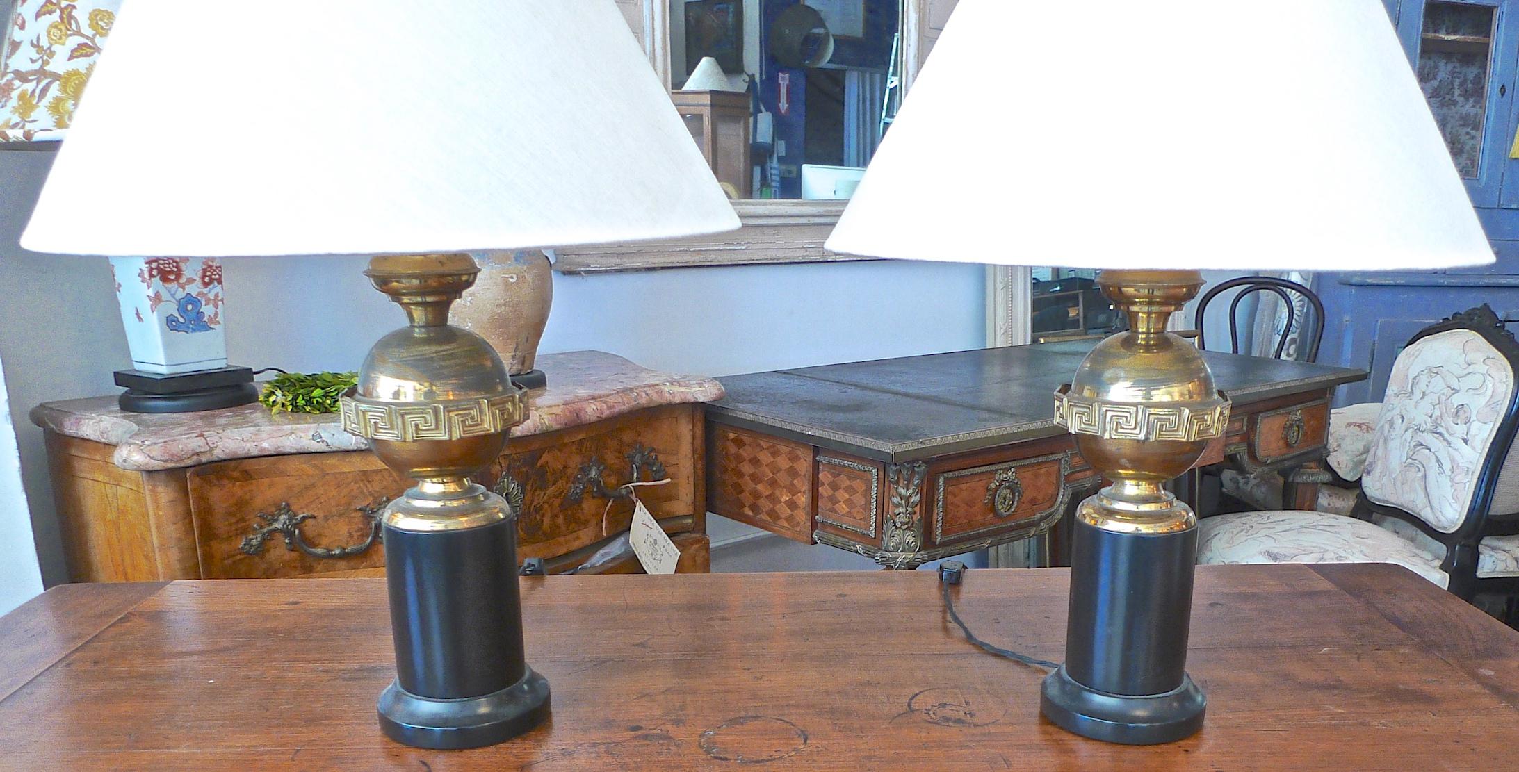 Mid-20th Century Pair of French 1930s Brass and Black Table Lamps Including Linen Shades