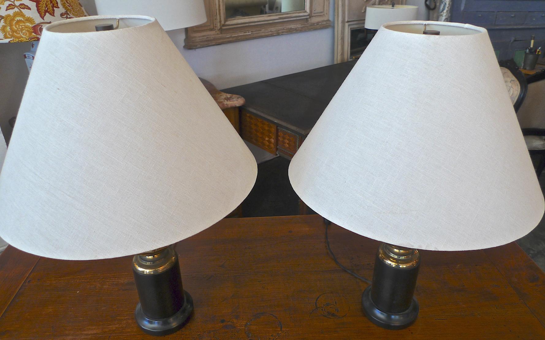 Pair of French 1930s Brass and Black Table Lamps Including Linen Shades 1