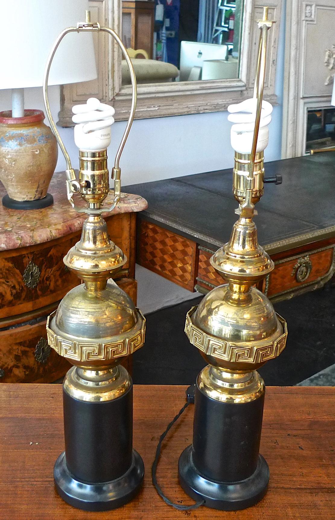Pair of French 1930s Brass and Black Table Lamps Including Linen Shades 2