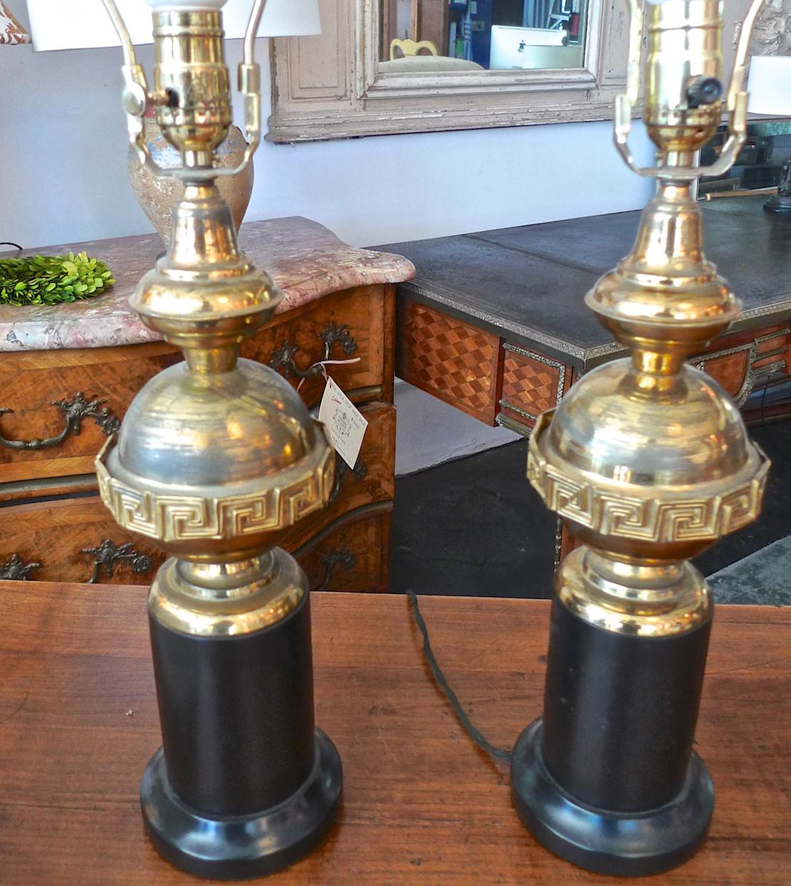 Pair of French 1930s Brass and Black Table Lamps Including Linen Shades 4