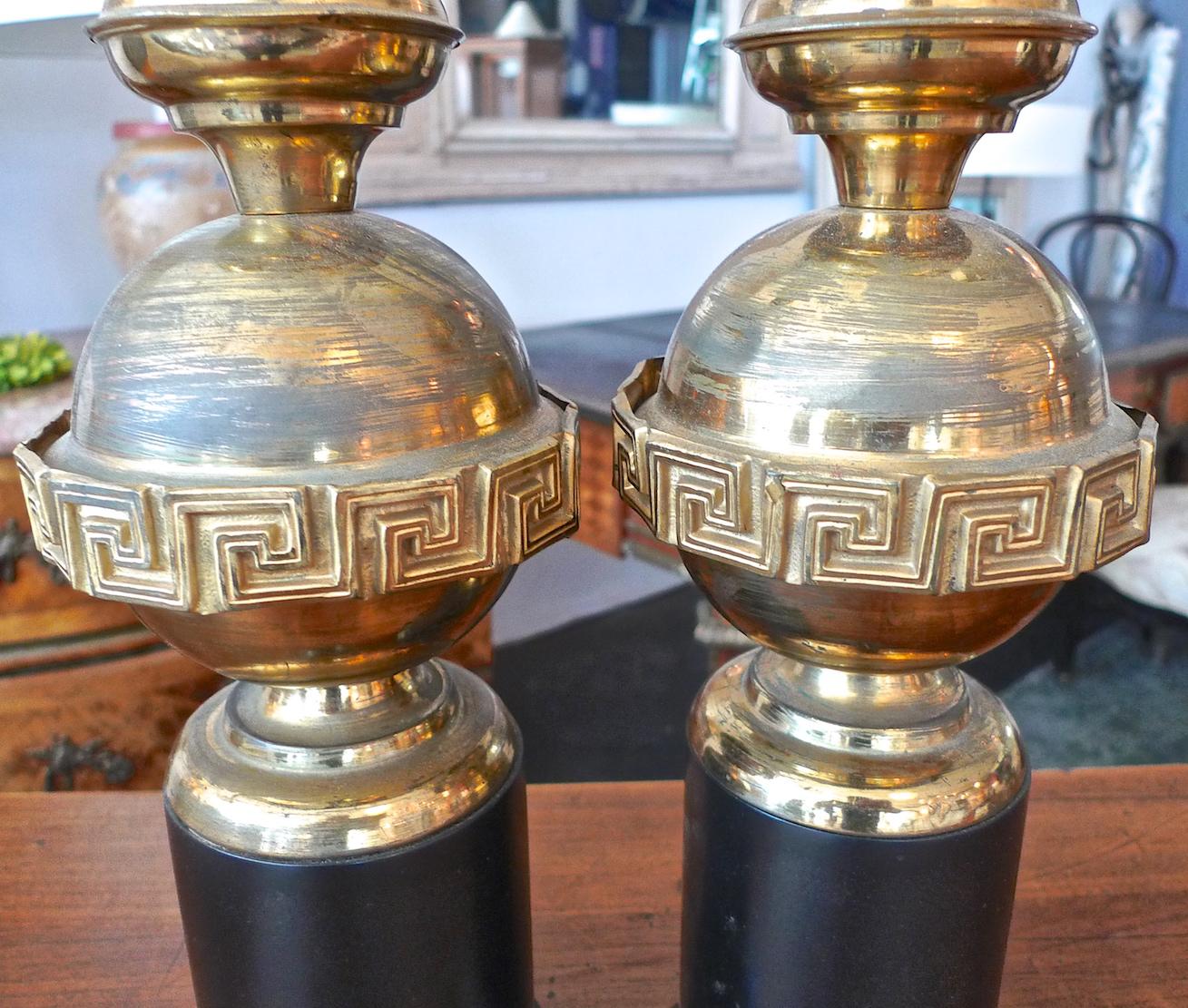 Pair of French 1930s Brass and Black Table Lamps Including Linen Shades 5
