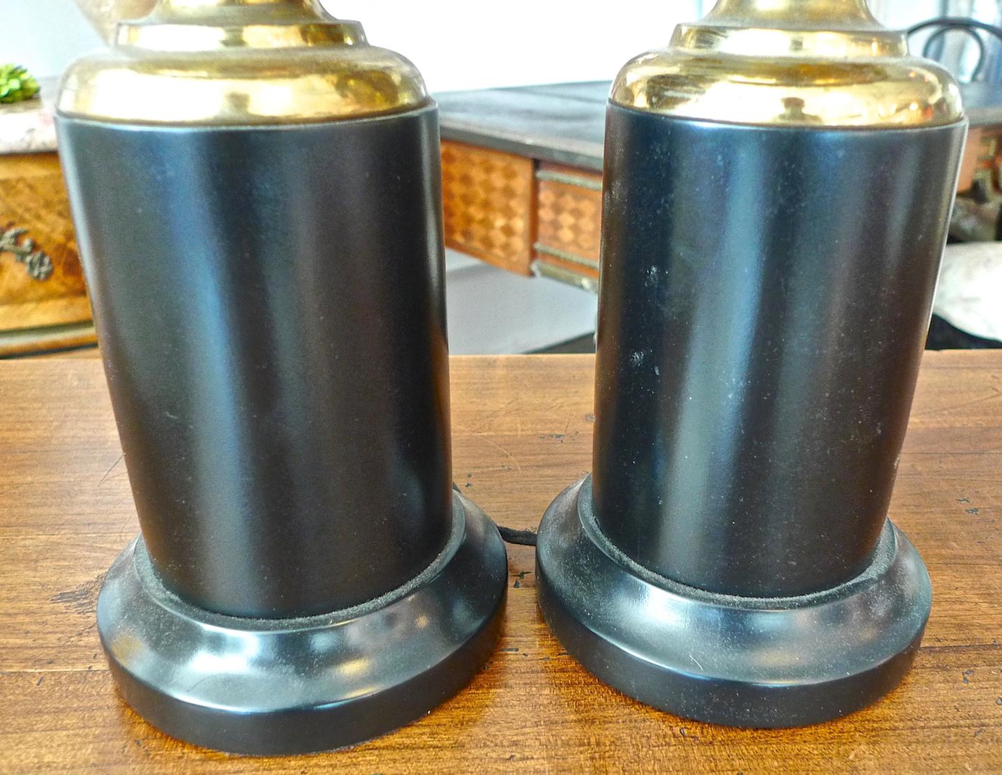 Pair of French 1930s Brass and Black Table Lamps Including Linen Shades 6