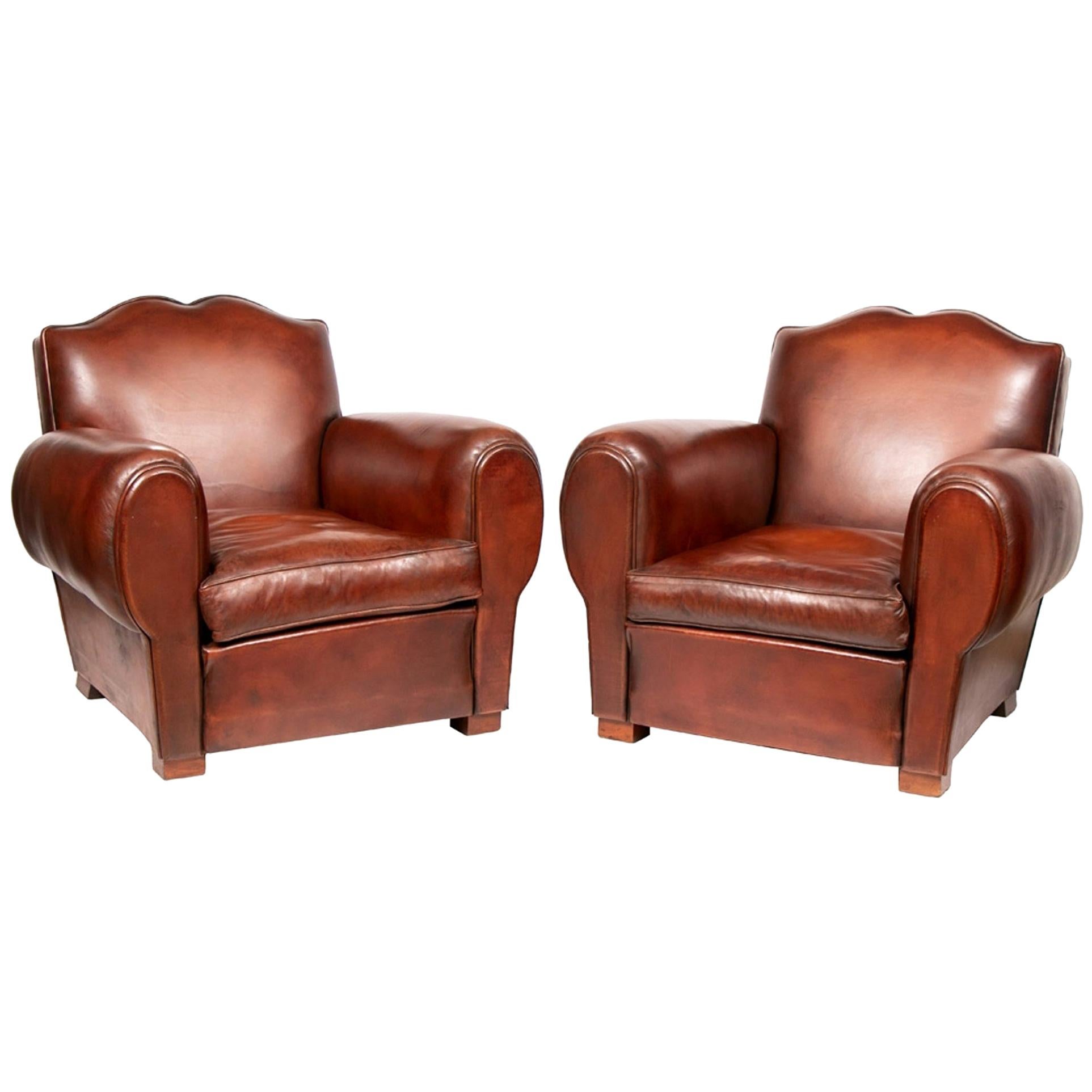 Pair of French 1930s Chocolate Brown Leather "Moustache" Armchairs