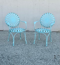 Pair of French 1930s Francois Carré Blue Pinwheel or Sunburst Garden Arm Chairs
