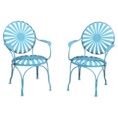 Pair of French 1930s Francois Carré Blue Pinwheel or Sunburst Garden Arm Chairs Pair of French 1930s Francois Carré Blue Pinwheel or Sunburst Garden Arm Chairs