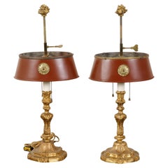 Pair of French 1930s Gilt Bronze Table Lamps with Oval Red Painted Tôle Shades