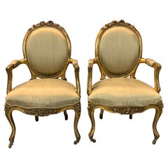 Pair of French 1930s Gilt Louis XV Style Armchairs in Raw Silk