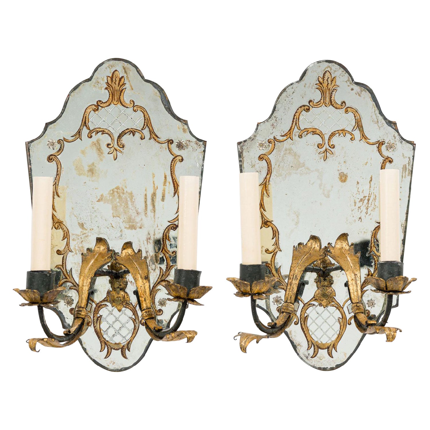 Pair of French 1930
s Hollywood Regency Style Mirrored Glass Wall Sconces