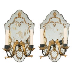 Pair of French 1930's Hollywood Regency Style Mirrored Glass Wall Sconces