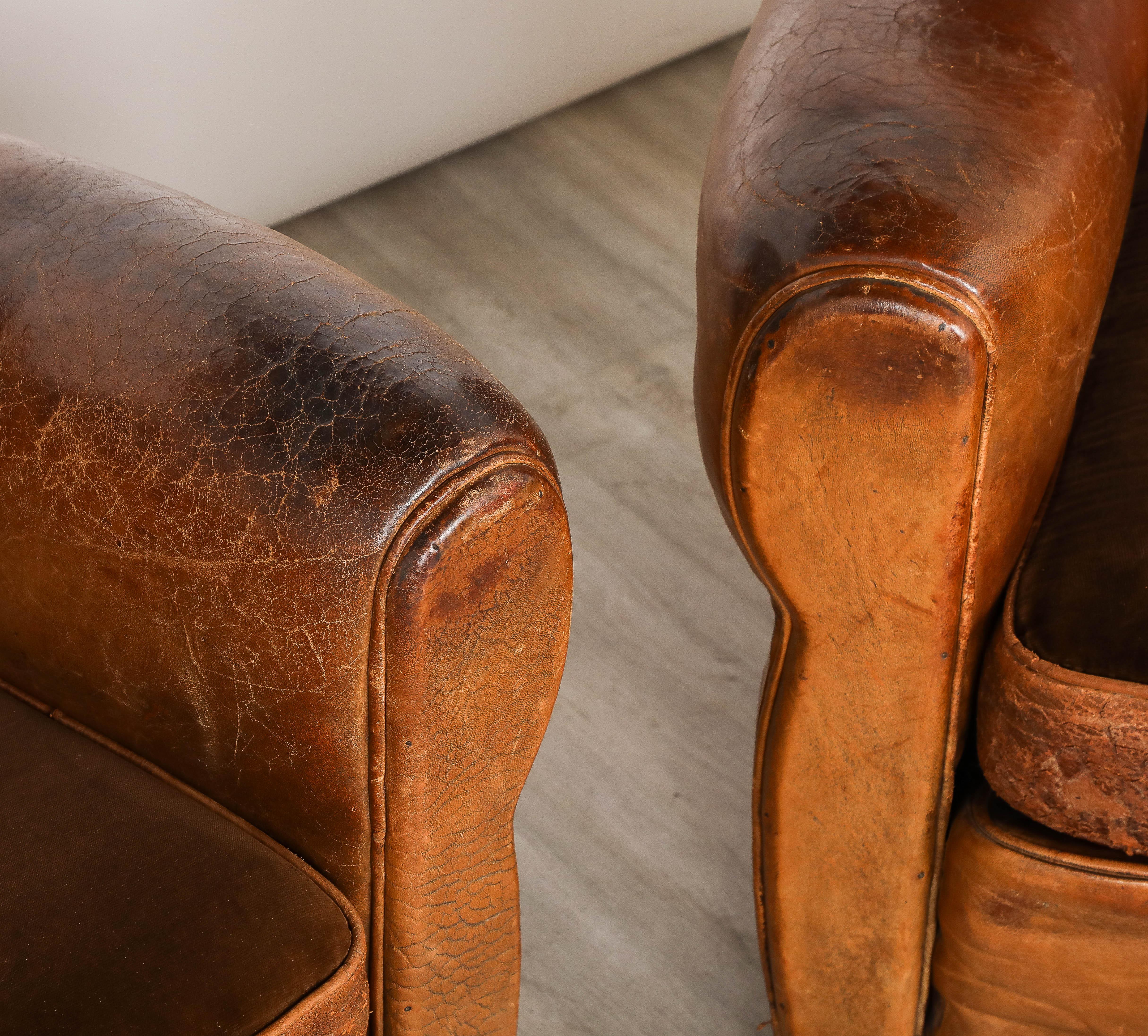 Pair of French 1930's Leather Club Chairs  For Sale 7
