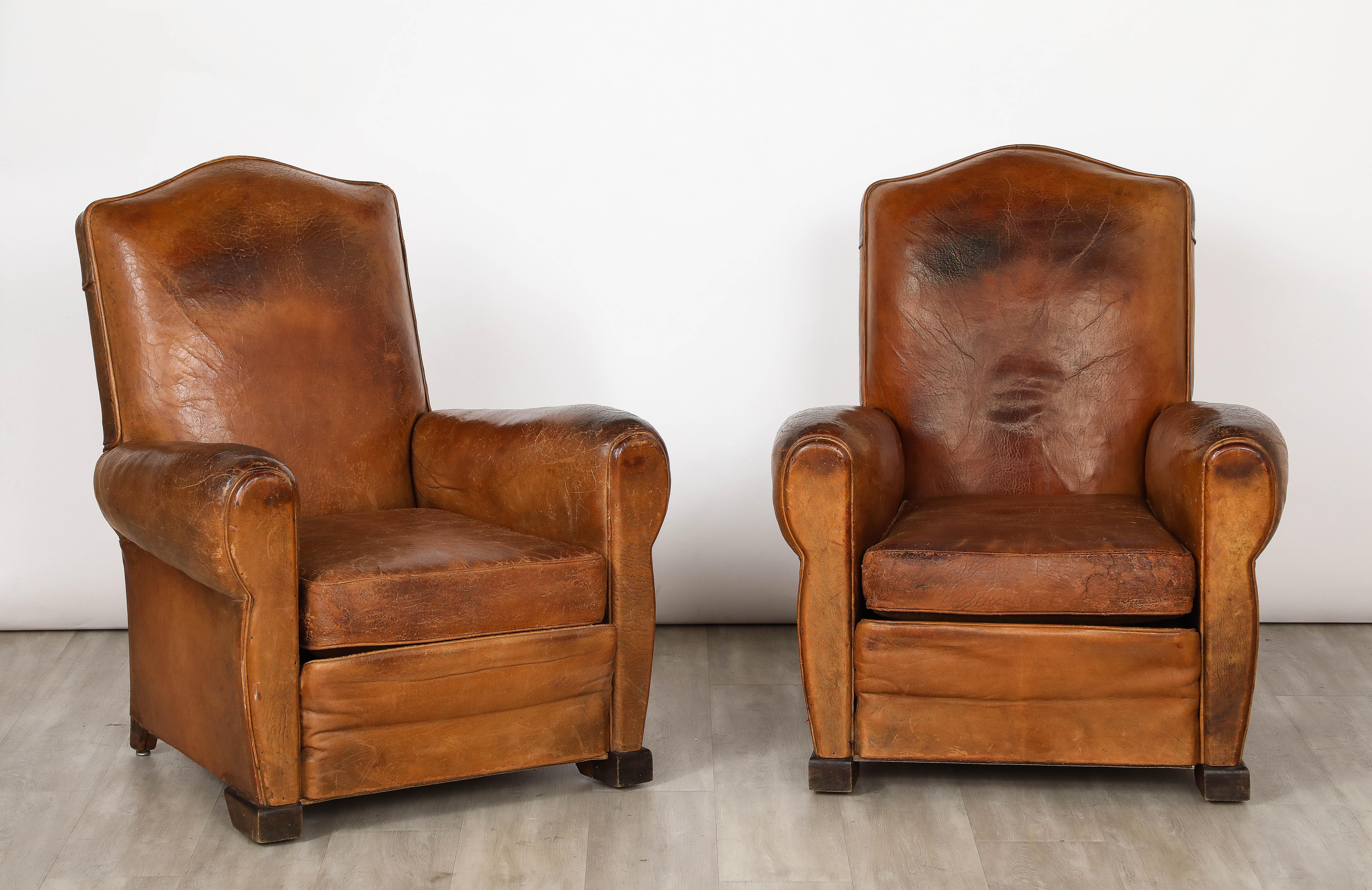 Pair of French 1930's Leather Club Chairs  In Good Condition For Sale In New York, NY