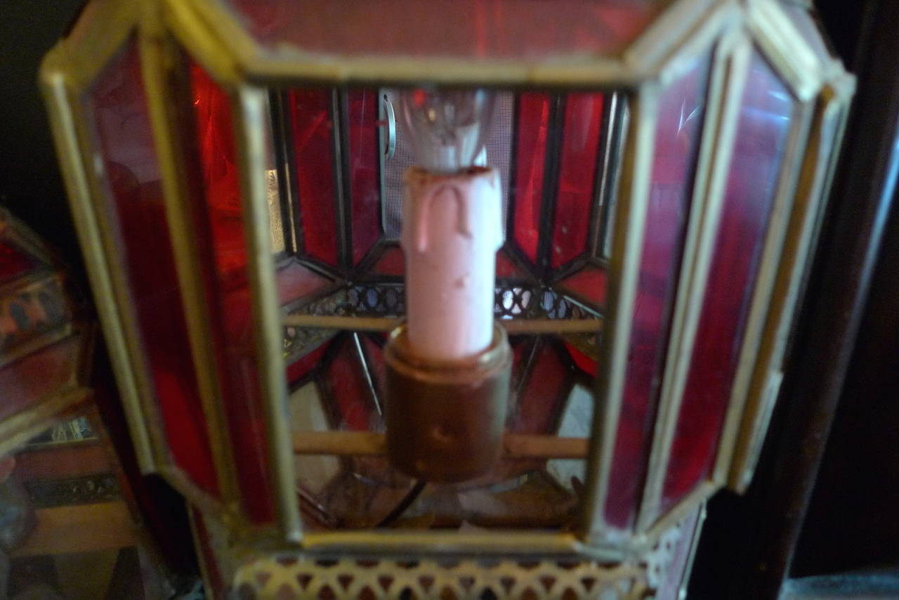 20th Century Pair of French 1930s Tin and Clear and Stained Glass Sconces with 1 Single Light