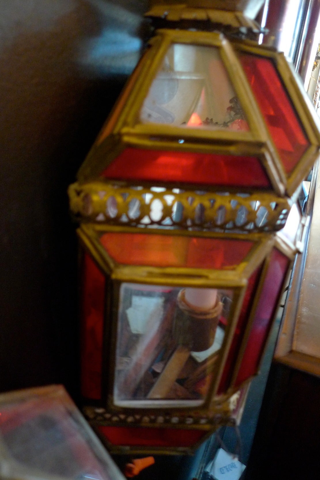 Pair of French 1930s Tin and Clear and Stained Glass Sconces with 1 Single Light 2