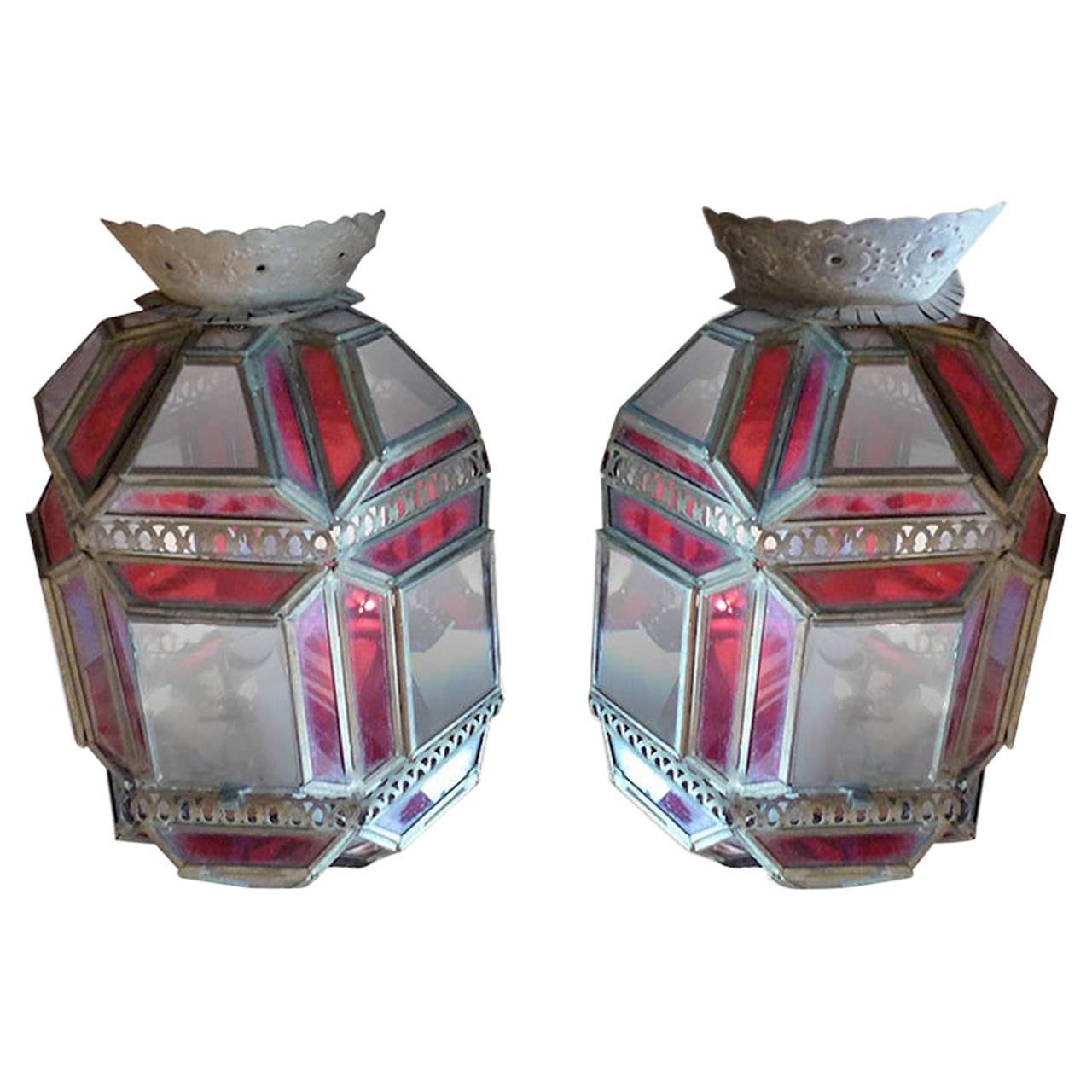 Pair of French 1930s Tin and Clear and Stained Glass Sconces with 1 Single Light