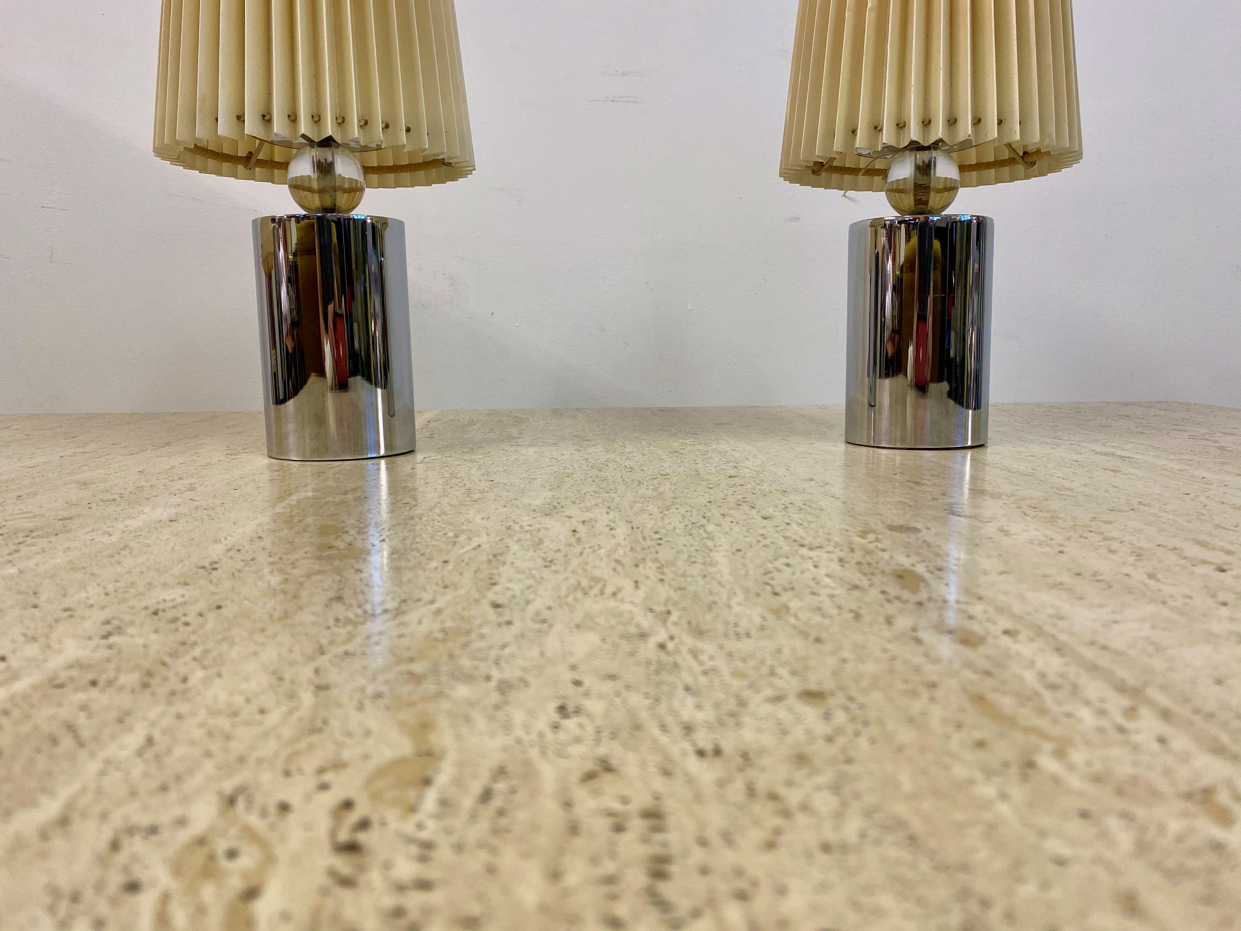 Art Deco Pair of French 1940s Chrome and Glass Table Lamps in the Style of Jacques Adnet