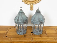 Pair of French 1940s Copper and Glass Lanterns with Verdigris Patina, USA Wired
