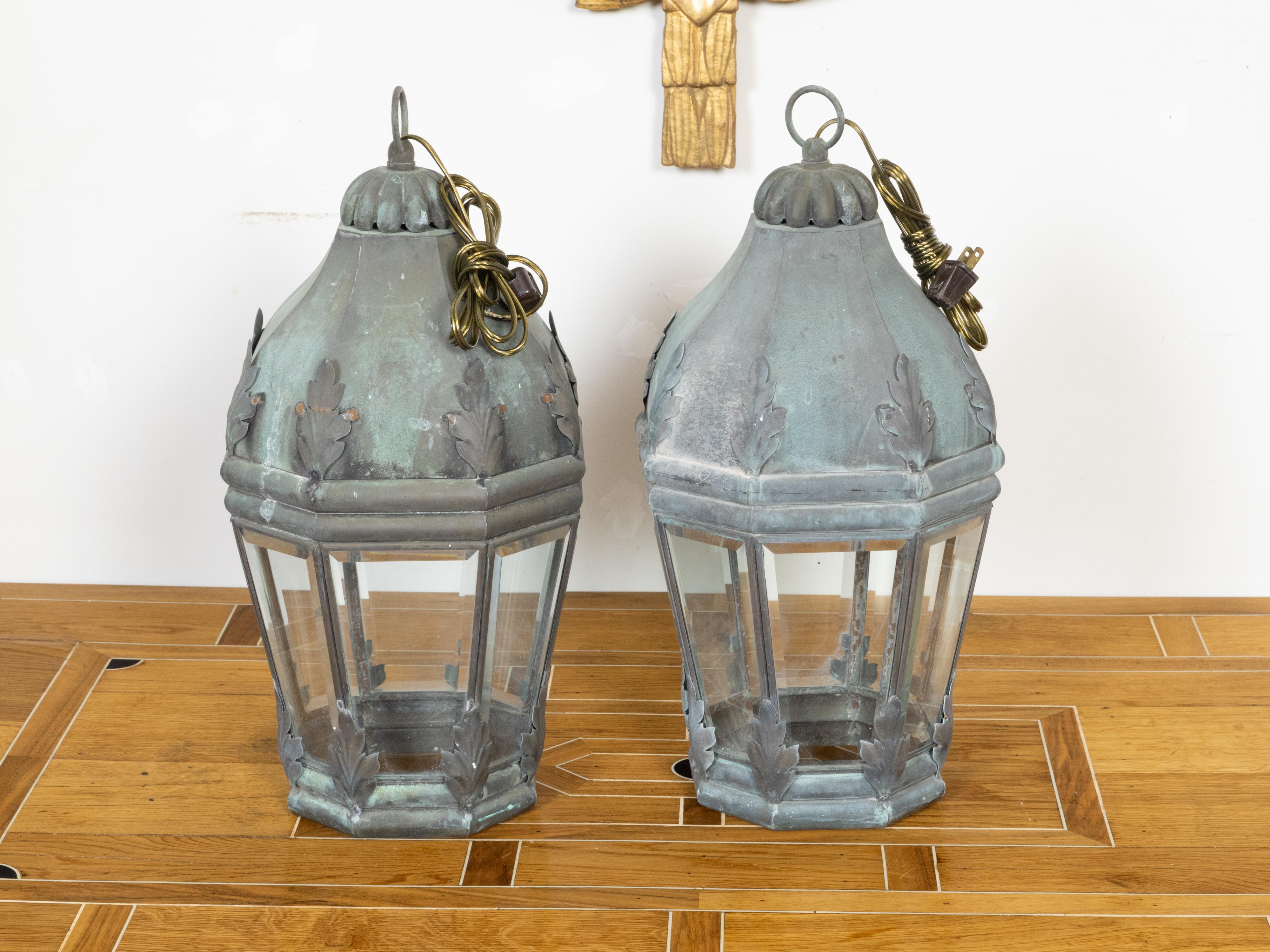 20th Century Pair of French 1940s Copper and Glass Lanterns with Verdigris Patina, USA Wired For Sale