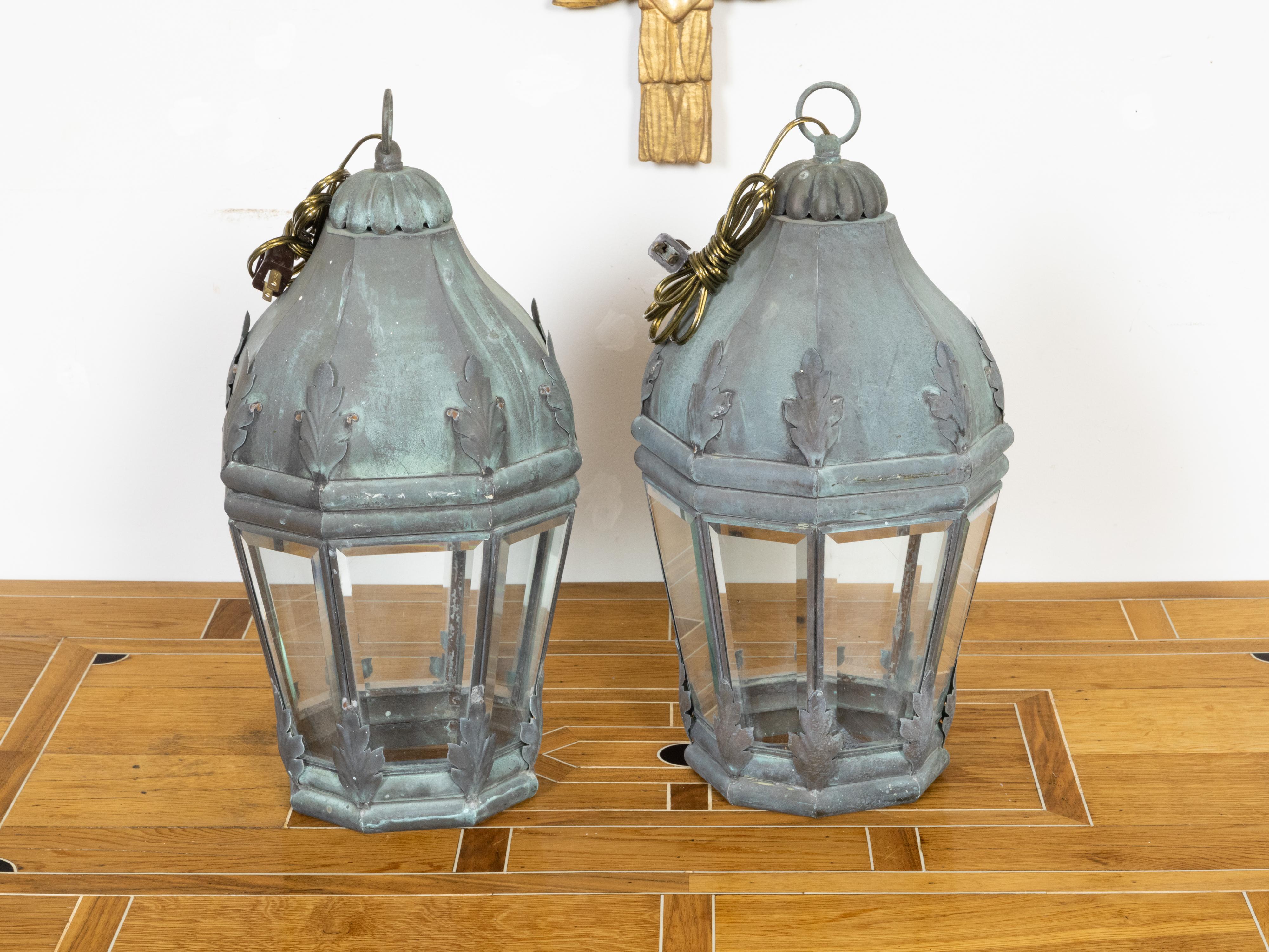Pair of French 1940s Copper and Glass Lanterns with Verdigris Patina, USA Wired For Sale 1