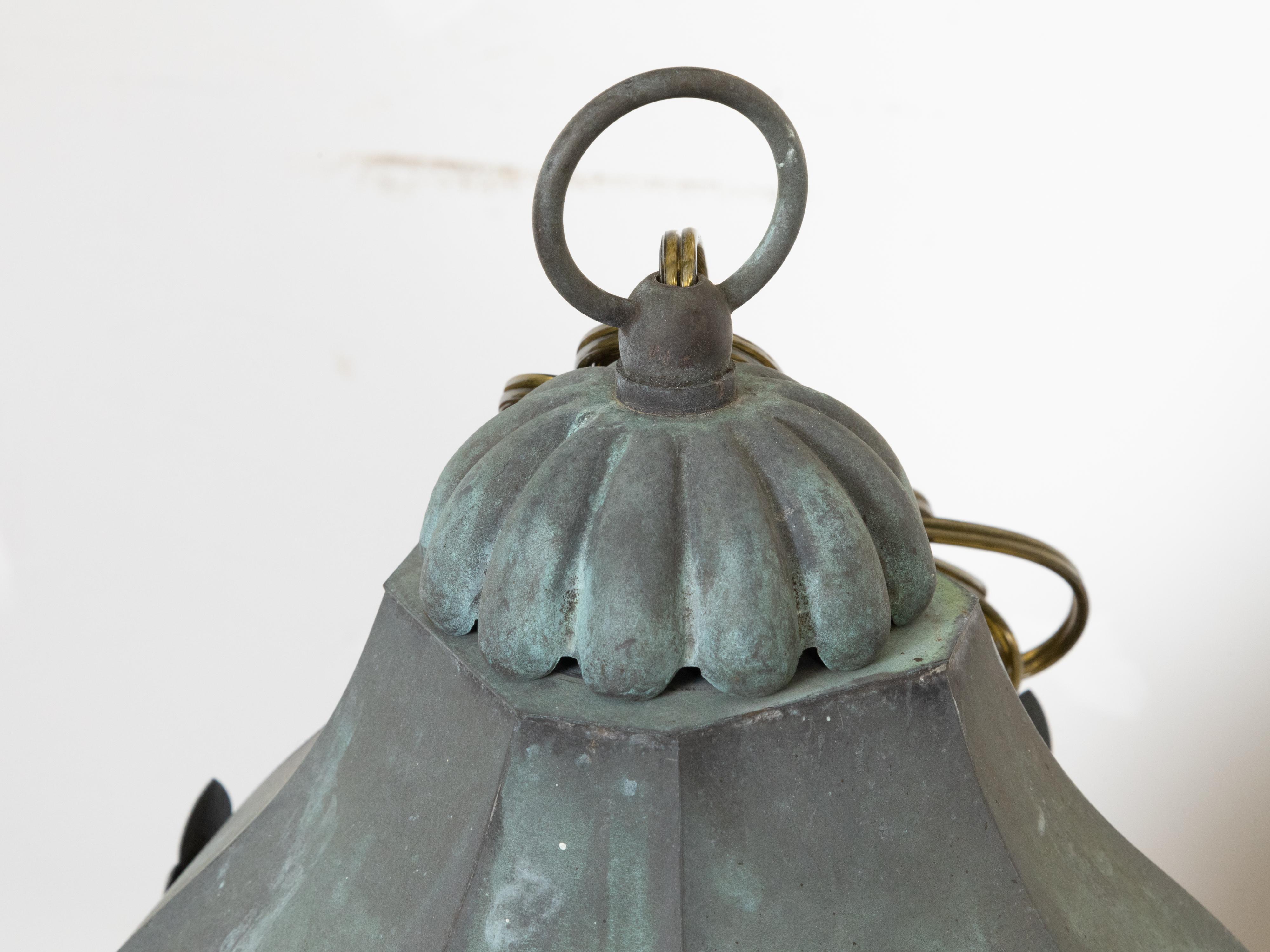 Pair of French 1940s Copper and Glass Lanterns with Verdigris Patina, USA Wired For Sale 2