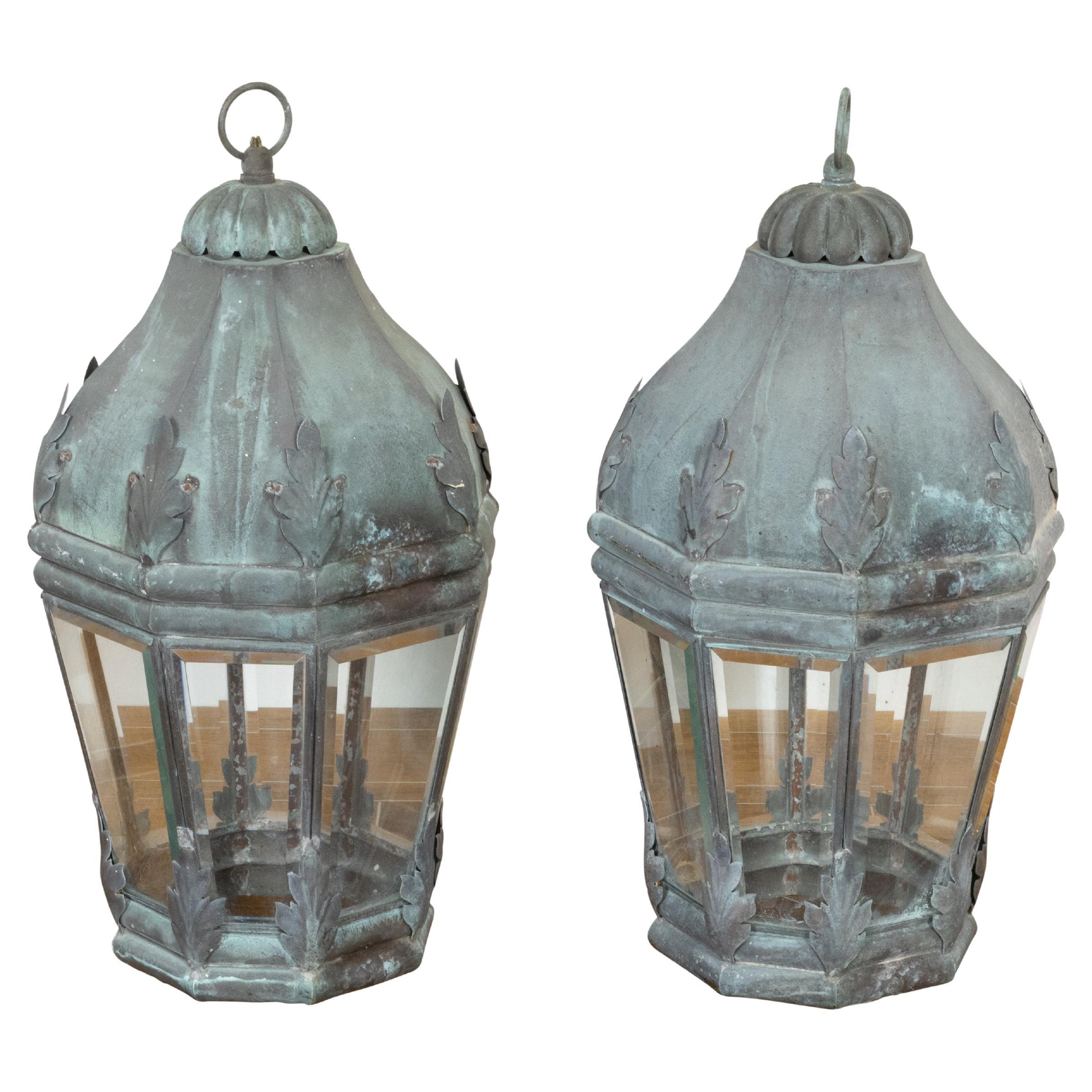 Pair of French 1940s Copper and Glass Lanterns with Verdigris Patina, USA Wired For Sale