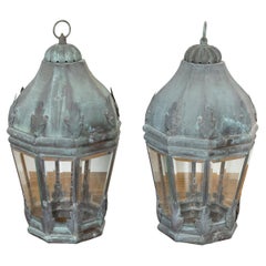 Pair of French 1940s Copper and Glass Lanterns with Verdigris Patina, USA Wired