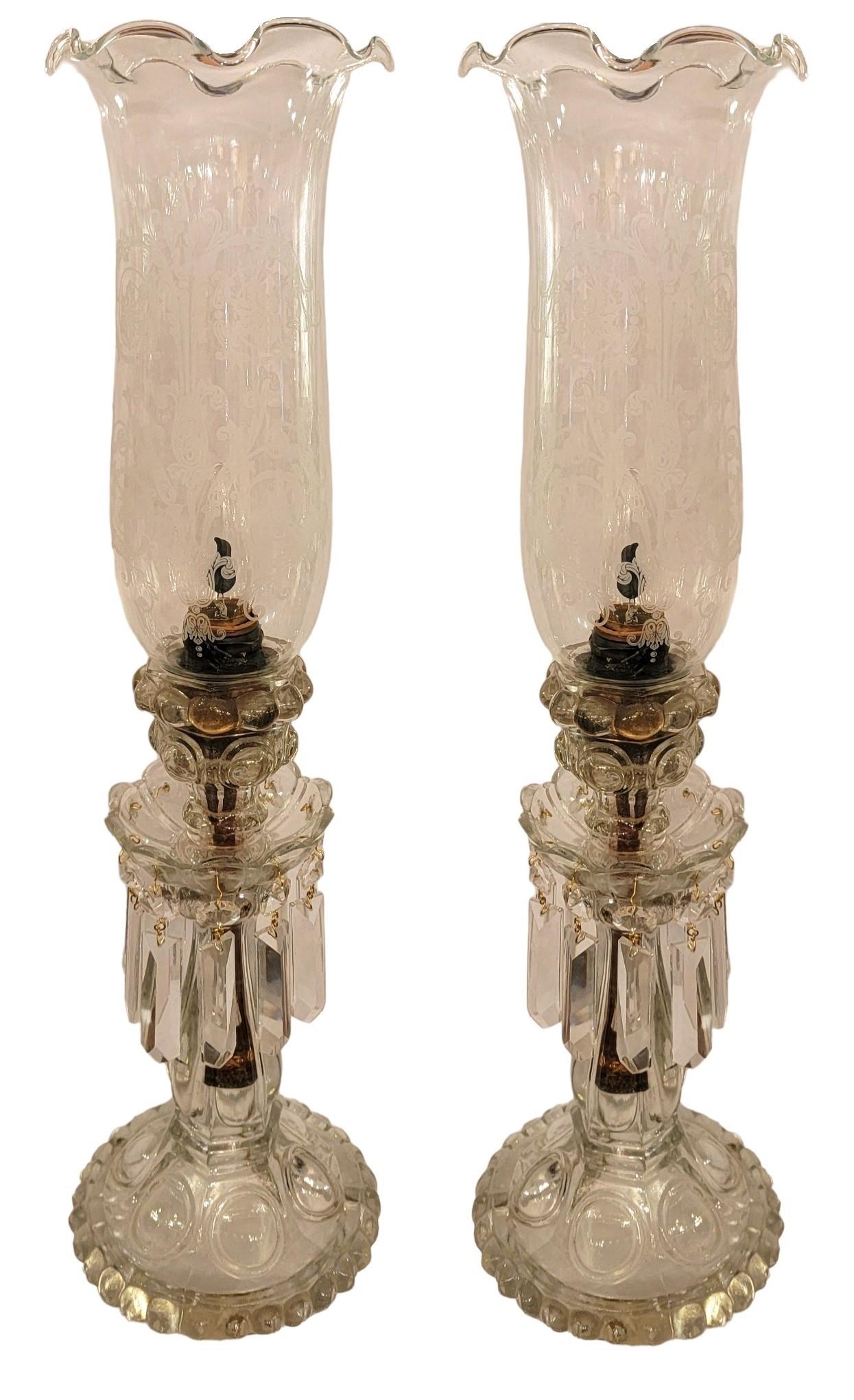Pair of 1940s French Crystal Baccarat Style Table Lamps that may be transferred to candle holders. Wonderful crystals hanging from the cup surrounding the stem. The shades are etched glass shades. Great pairing.
Shades may be removed for transport.